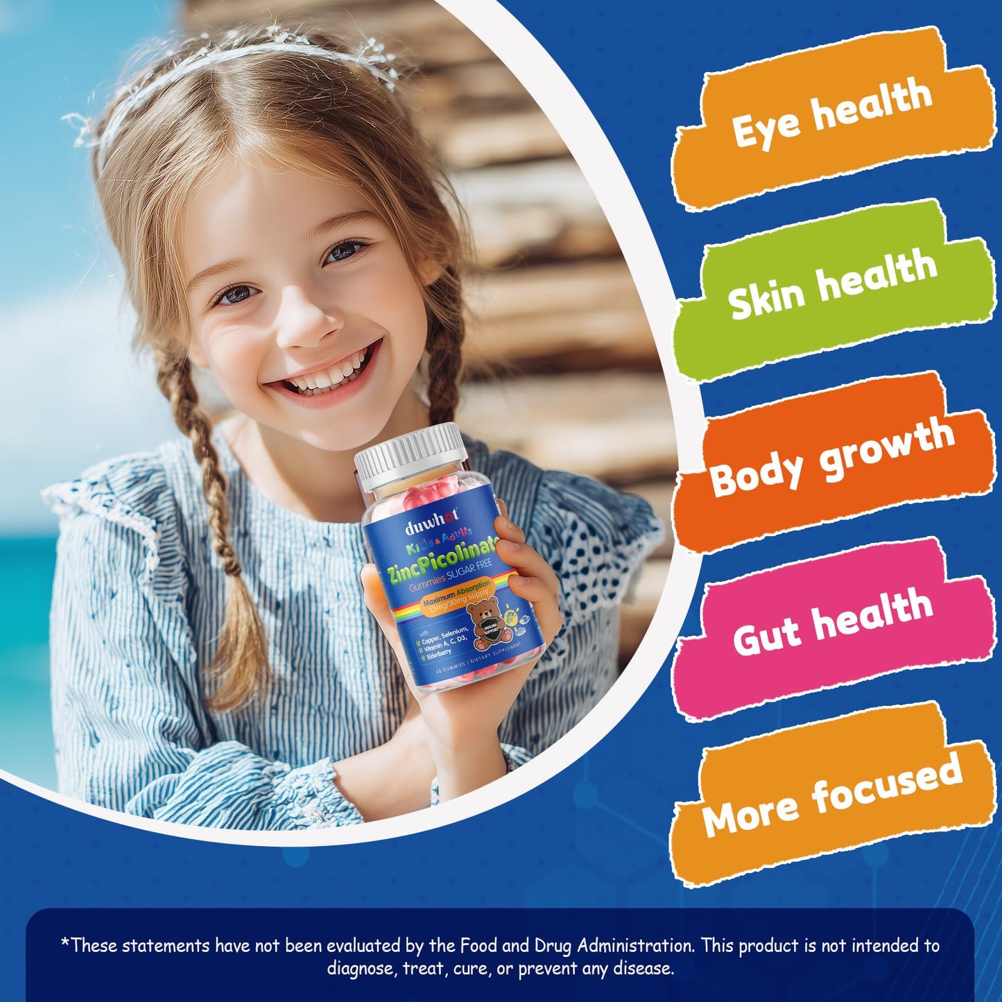 duwhot Zinc Picolinate 30mg Gummies with Copper, High Absorption Form, with Selenium & Elderberry, Sugar Free, for Kids, 120 Gummies