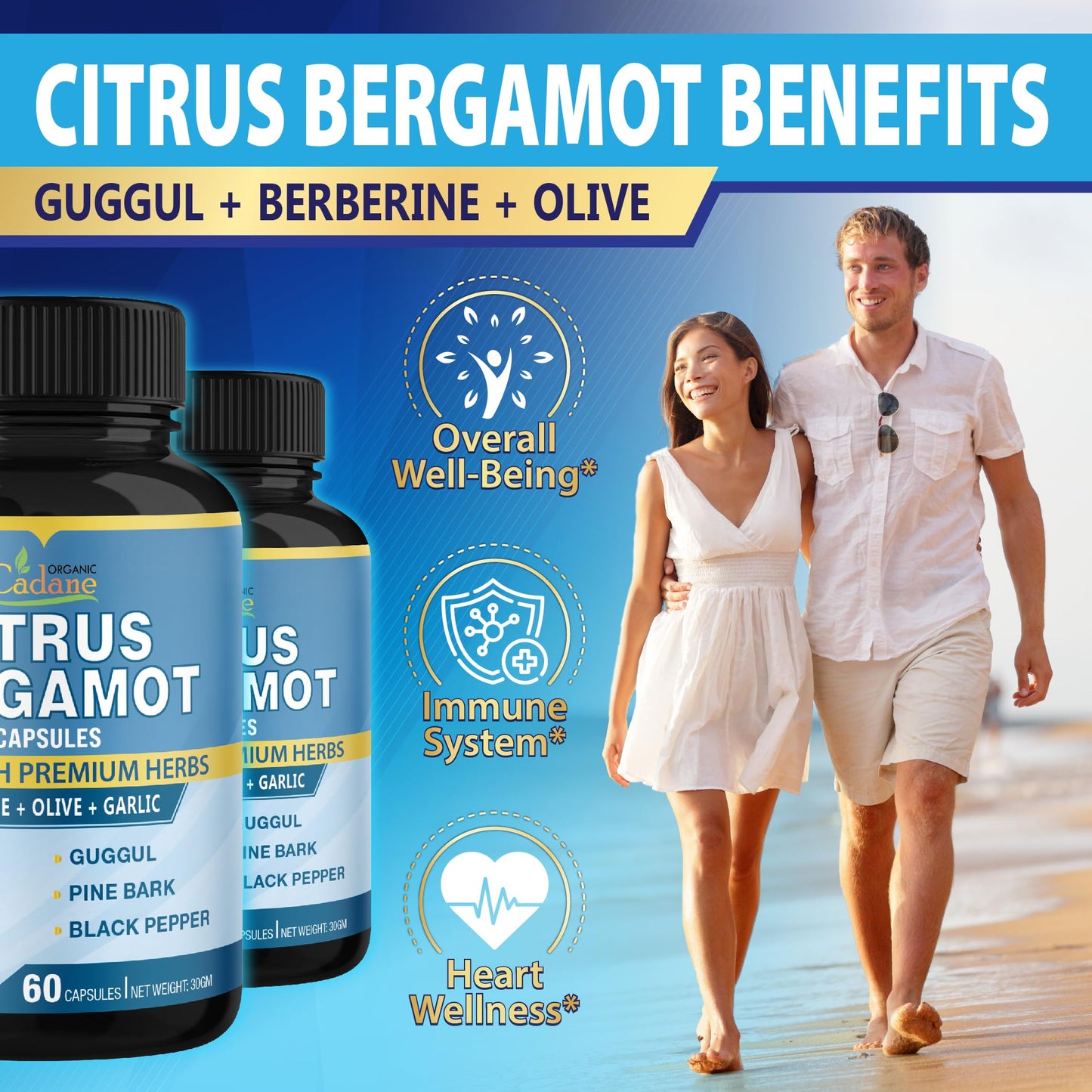 Organic Cadane Citrus Bergamot Extract Capsules with Berberine, Olive, Guggul, Garlic, Pine Bark, Black Pepper, 120 Capsules