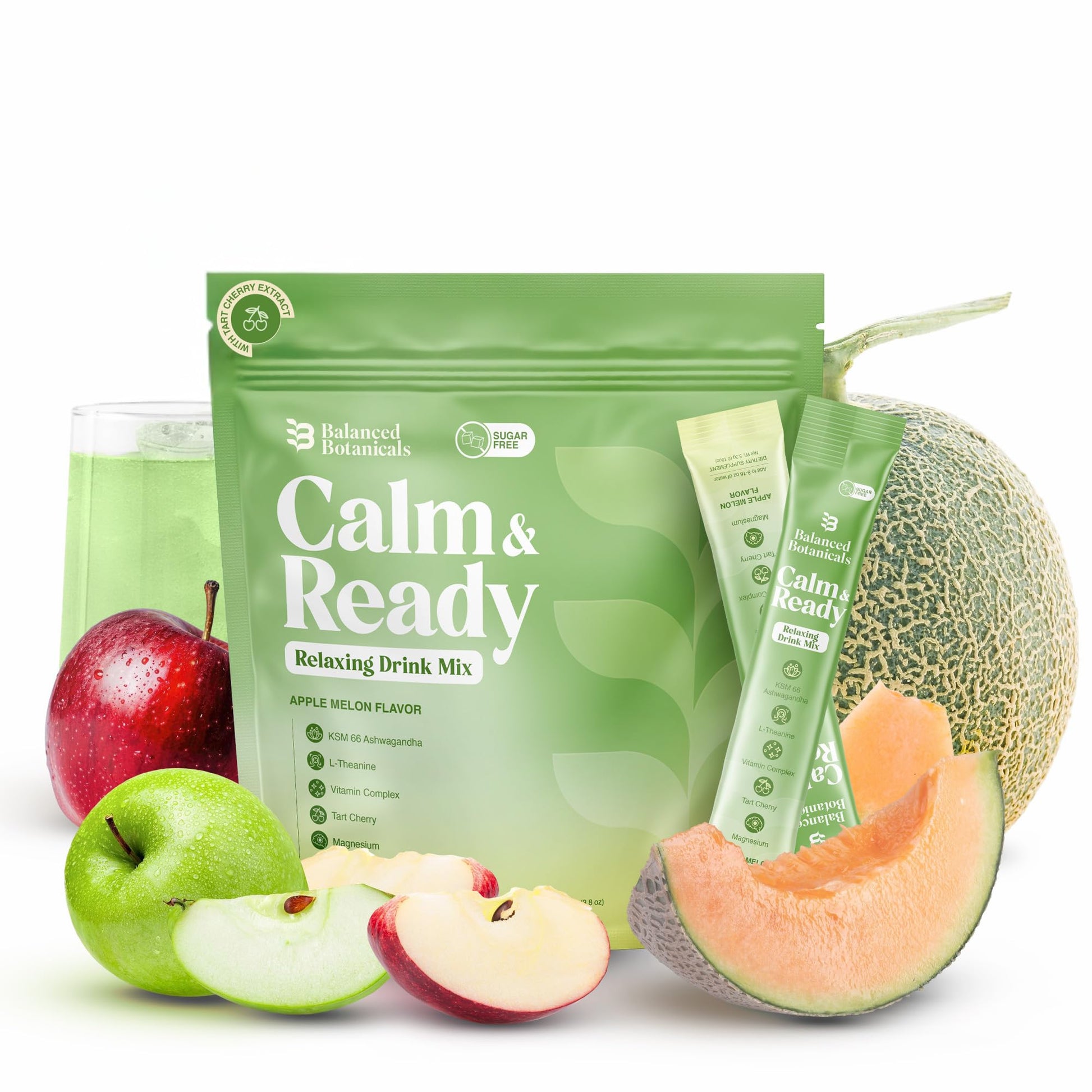 Balanced Botanicals Calm and Ready Powder Mix, Cortisol Reducer*, Sleep & Relaxation Aid, Magnesium Glycinate, Ashwagandha KSM-66, L-Theanine, Tart Cherry, Sugar Free, 20 Packets