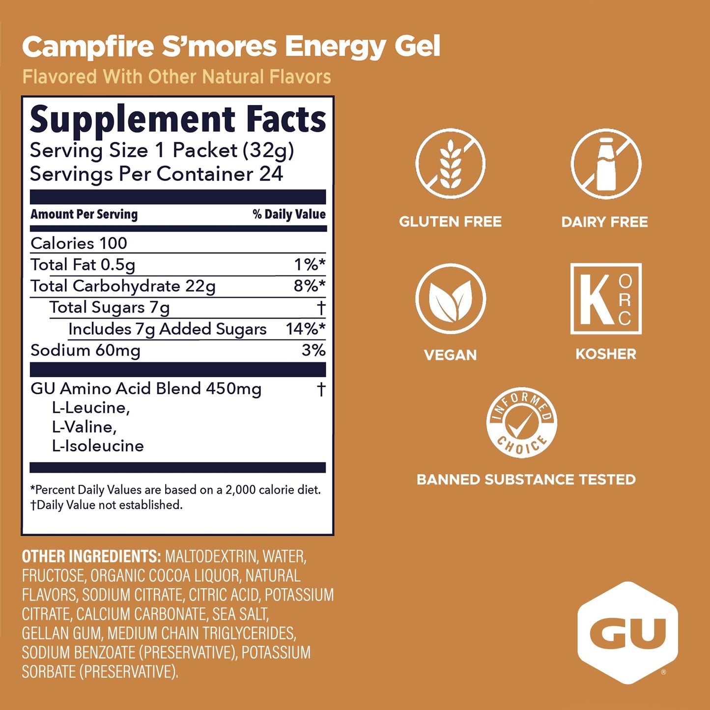 GU Energy Original Sports Nutrition Energy Gel, Vegan and Dairy-Free On-the-Go Energy for Any Workout, Campfire S'Mores, 24-Count