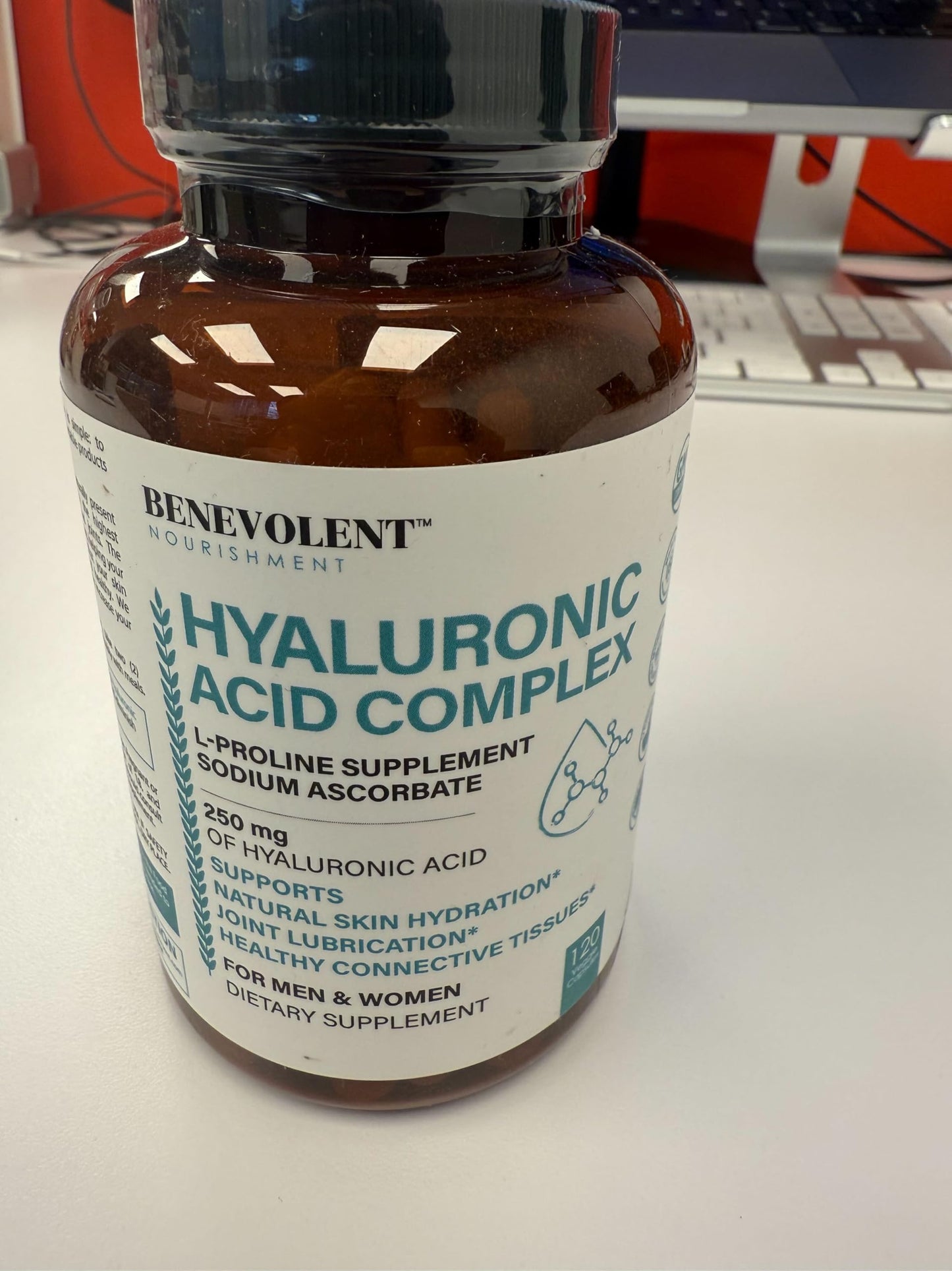 Benevolent Nourishment Hyaluronic Acid Capsules 250mg with Vitamin C 200mg & L-Proline 1000mg, Anti-Aging Support, 120 Capsules