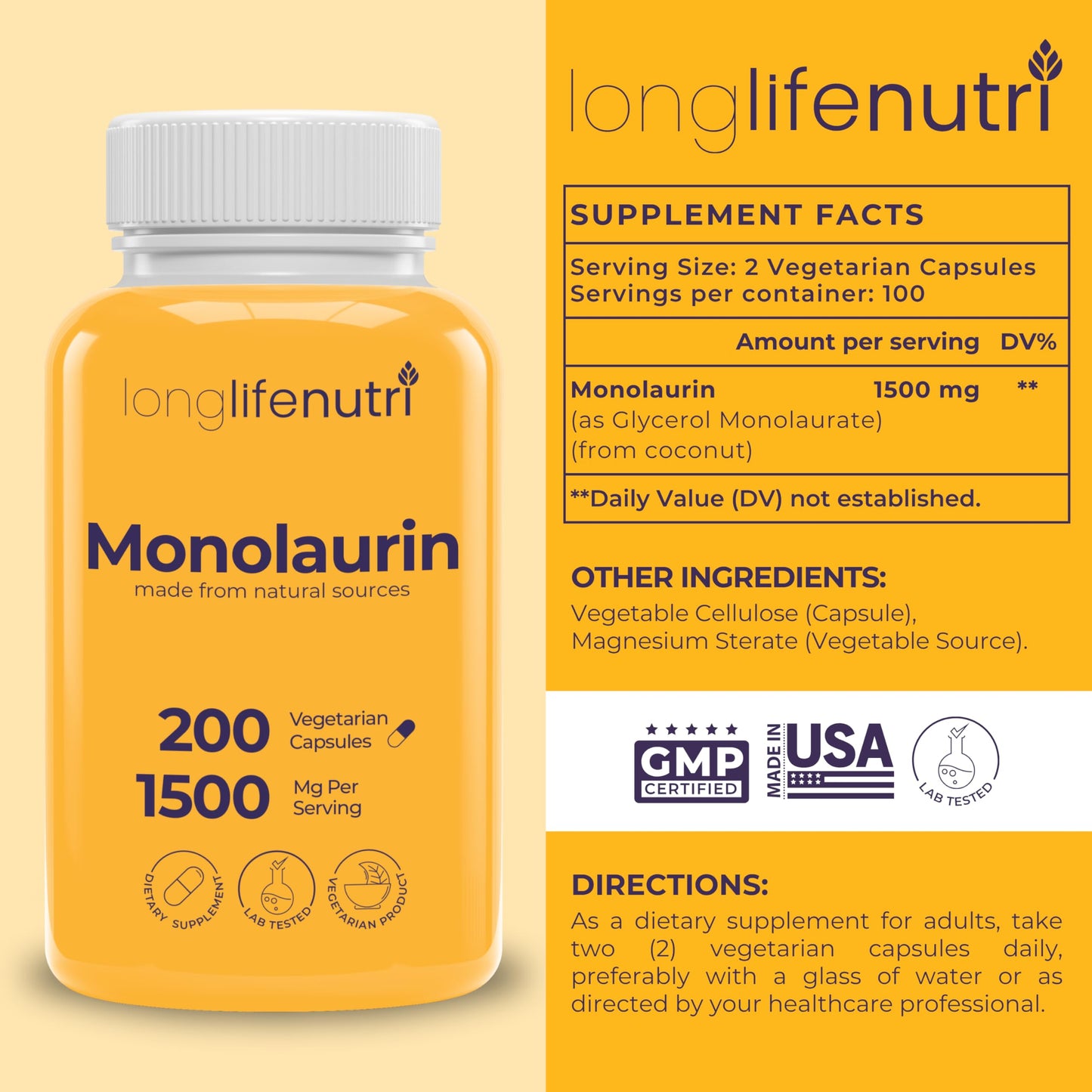 LongLifeNutri Monolaurin 1500mg Capsule 200 Count