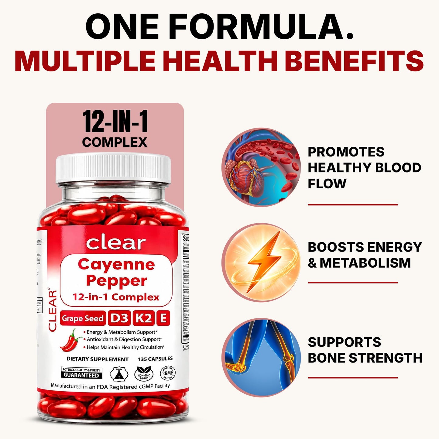Clear Probiotics Cayenne Pepper Softgels 300mg Capsaicin D3 K2 E Blood Flow Support, 135 Count