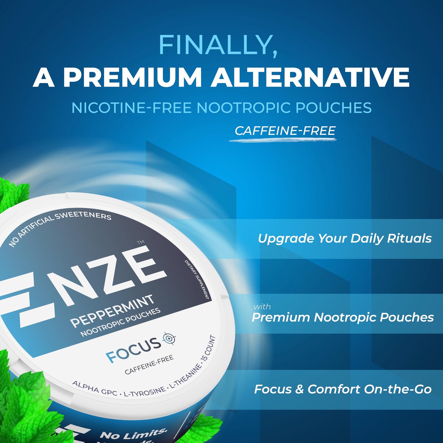 NZE Caffeine Free Nootropic Pouches (Peppermint) - Nootropic Pouches with Alpha GPC, L-Tyrosine & L-Theanine - No Sugar or Artificial Sweeteners - 5 Caplets