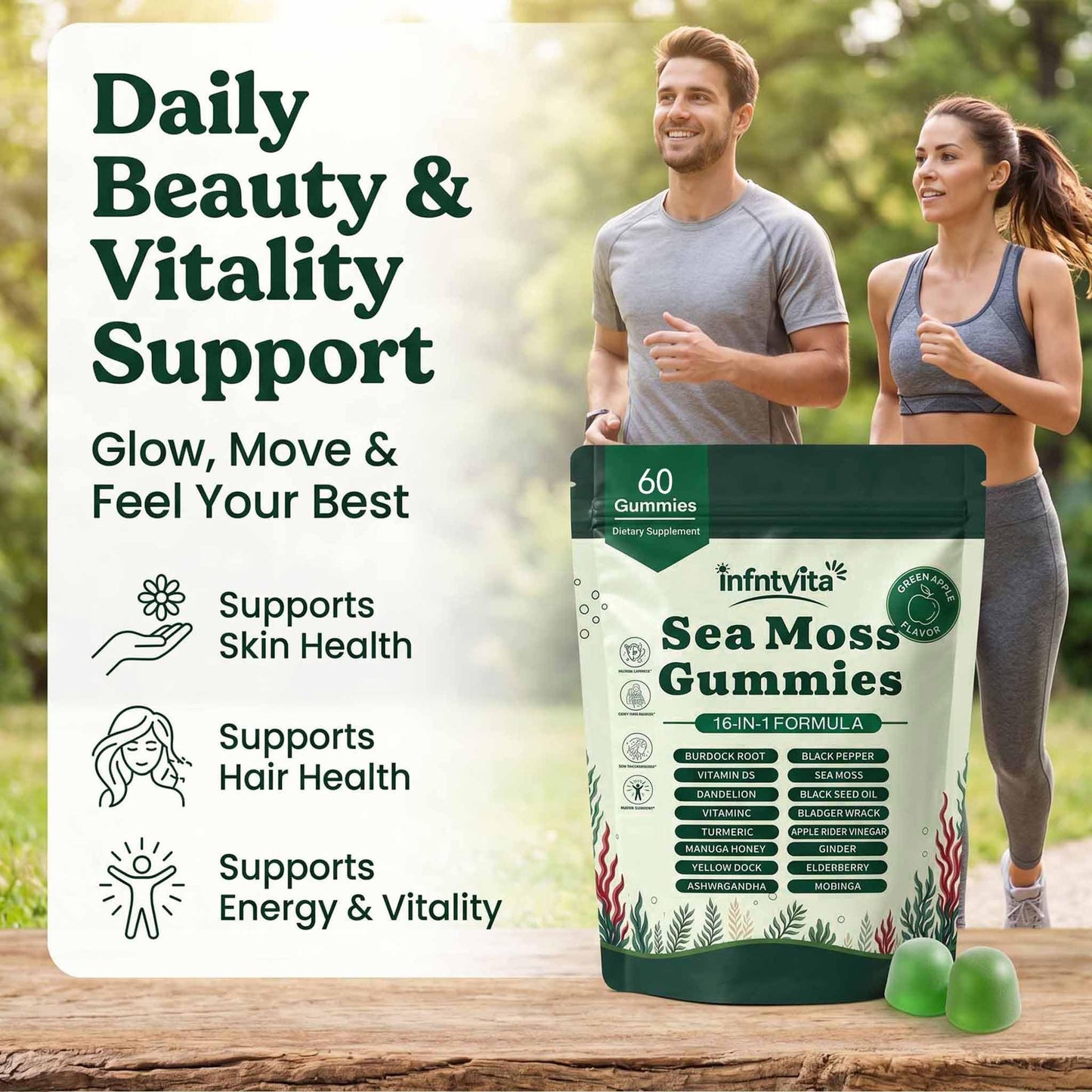 YALGET Sea Moss Gummies 16-in-1 with Ashwagandha, Black Seed Oil, Ginger, Turmeric, Manuka Honey, Black Pepper, Moringa, Elderberry – Daily Wellness & Immune Support – Apple Flavor, 60 Gummies