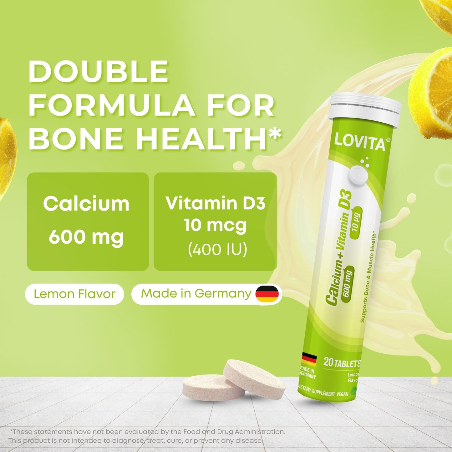 LOVITA Calcium + VIT D3 Effervescent Tablets 20 Count