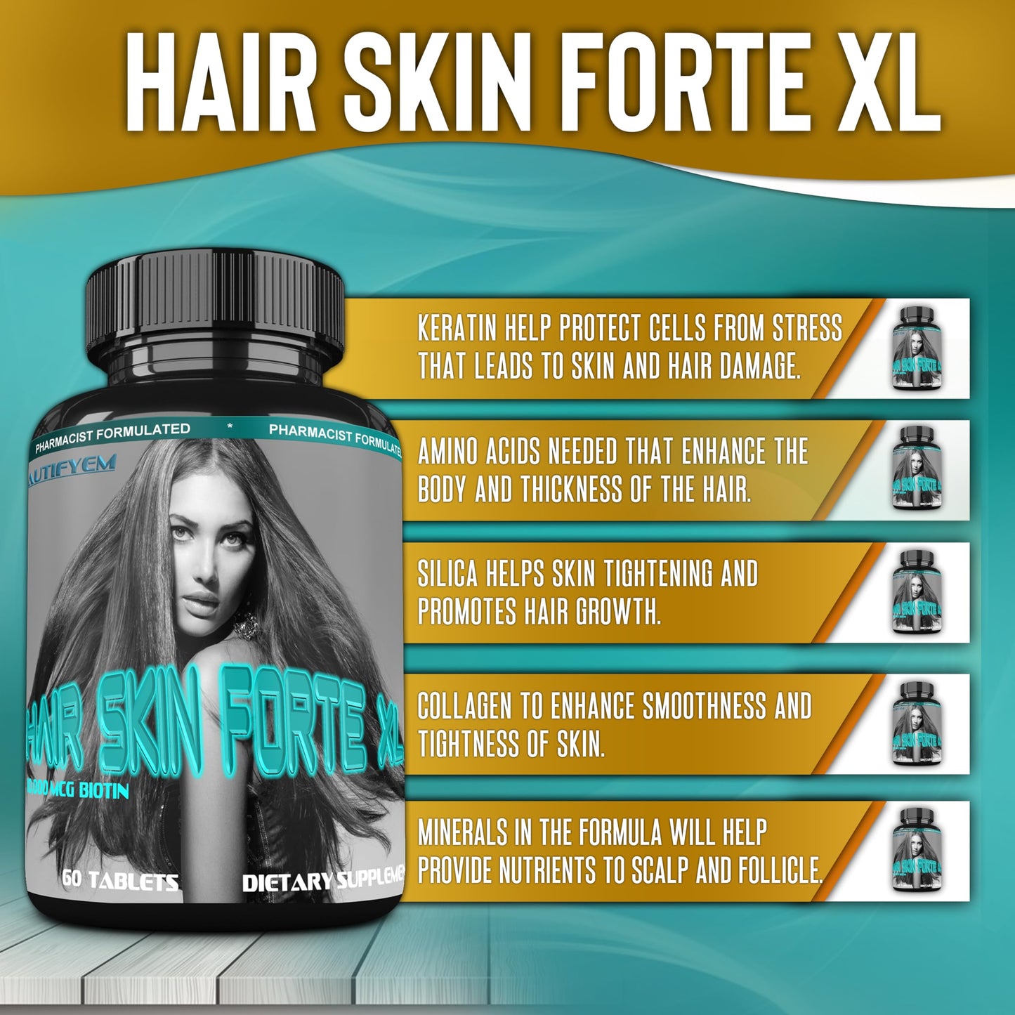 BEAUTIFYEM Hair Skin Forte XL Hair & Skin Growth Complex 10,000 mcg Biotin + Collagen Peptides Promotes Thicker, Stronger, Healthier Hair & Radiant Skin 60 Tablets