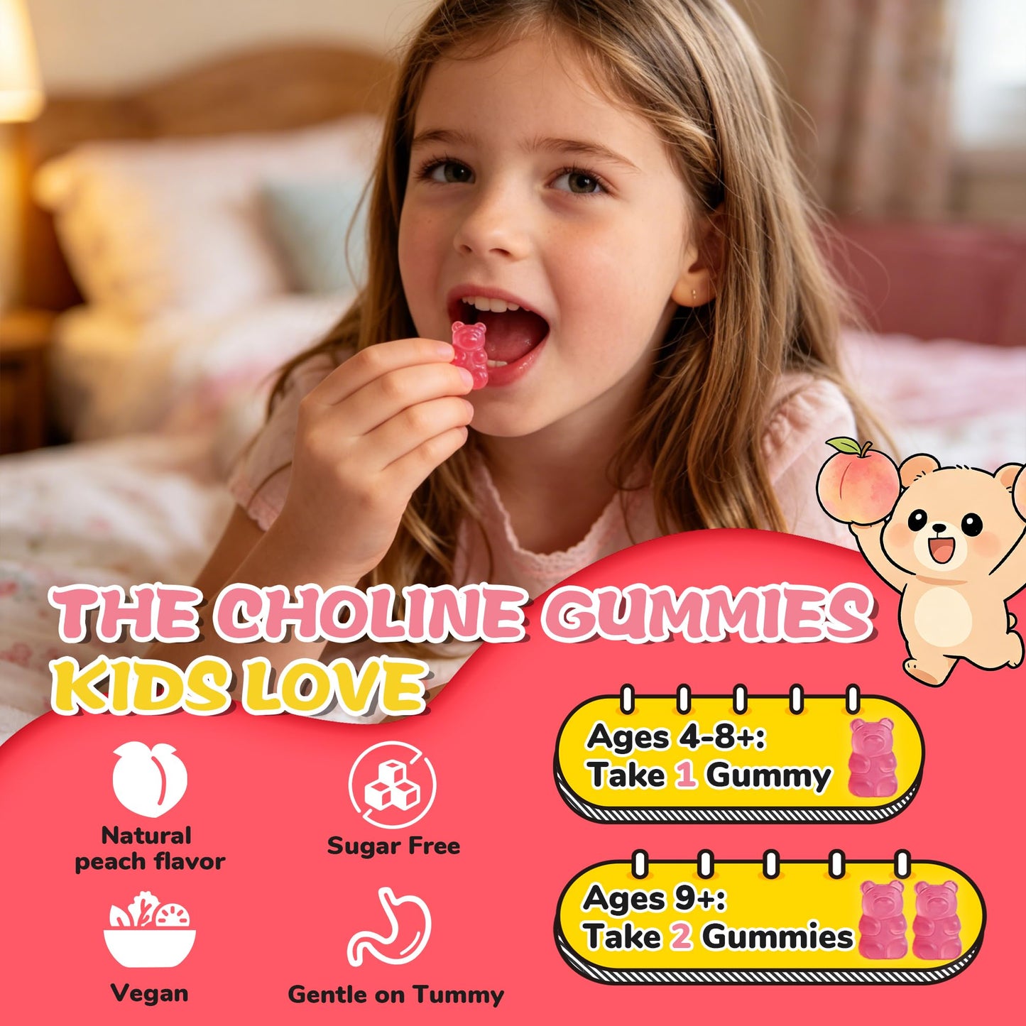 Fzjjyana Choline Gummies with Omega-3 (DHA+EPA), Phosphatidylserine for Kids & Teens 4+ with Vitamin D3, B6 & B12, Brain Health & Focus, Sugar-Free, Vegan, Peach Flavor, 60 Gummies