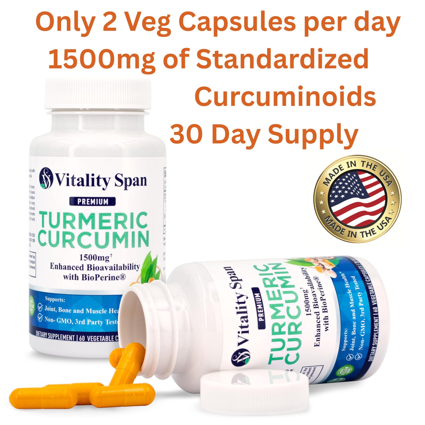 Vitality Span Turmeric Curcumin Supplement 1500mg – 95% Curcuminoids with 10mg BioPerine Black Pepper – High Absorption Antioxidant Support – Made in USA, 60 Capsules