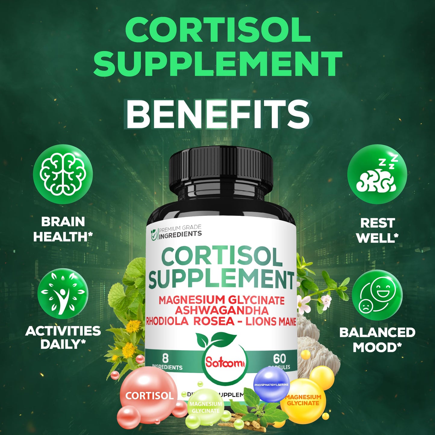 Satoomi 8in1 Cortisol Manager with Magnesium Glycinate, Ashwagandha, Rhodiola Rosea, Lions Mane & More - Cortisol Reducer Supplement for Men & Women, 60 Capsules