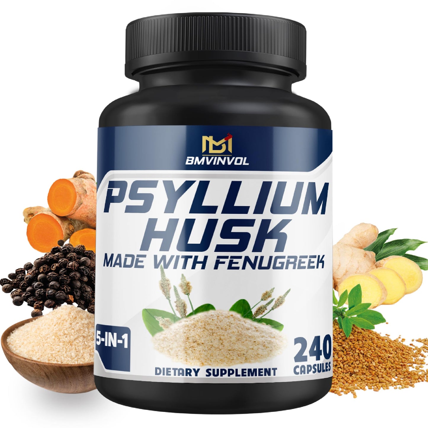BMVINVOL Psyllium Husk Capsules Fiber Supplement with Fenugreek, Turmeric, Ginger, Black Pepper, 240 Count