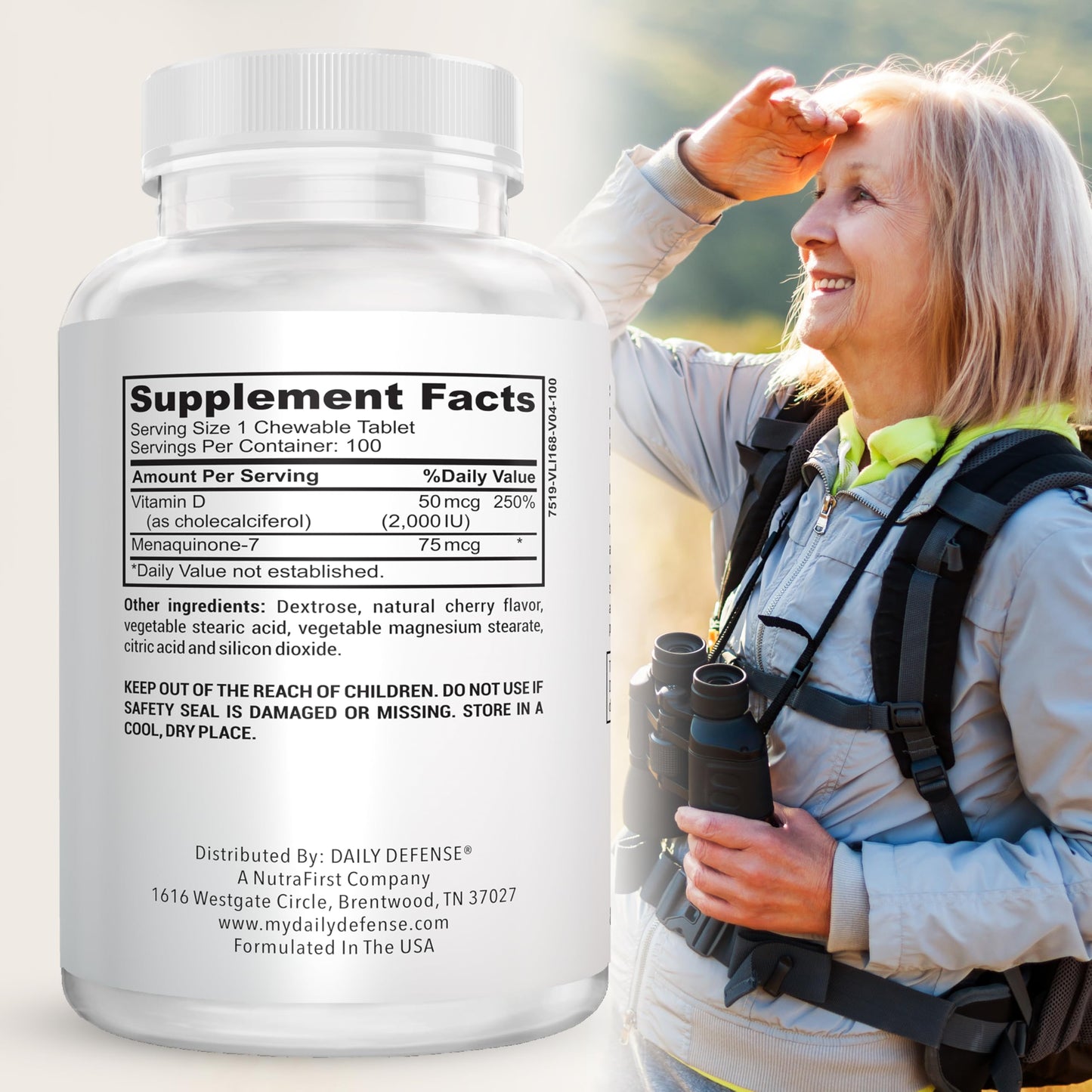 Daily Defense Vitamin D3 K2 2000IU Chewable Tablets, 100 Tablets
