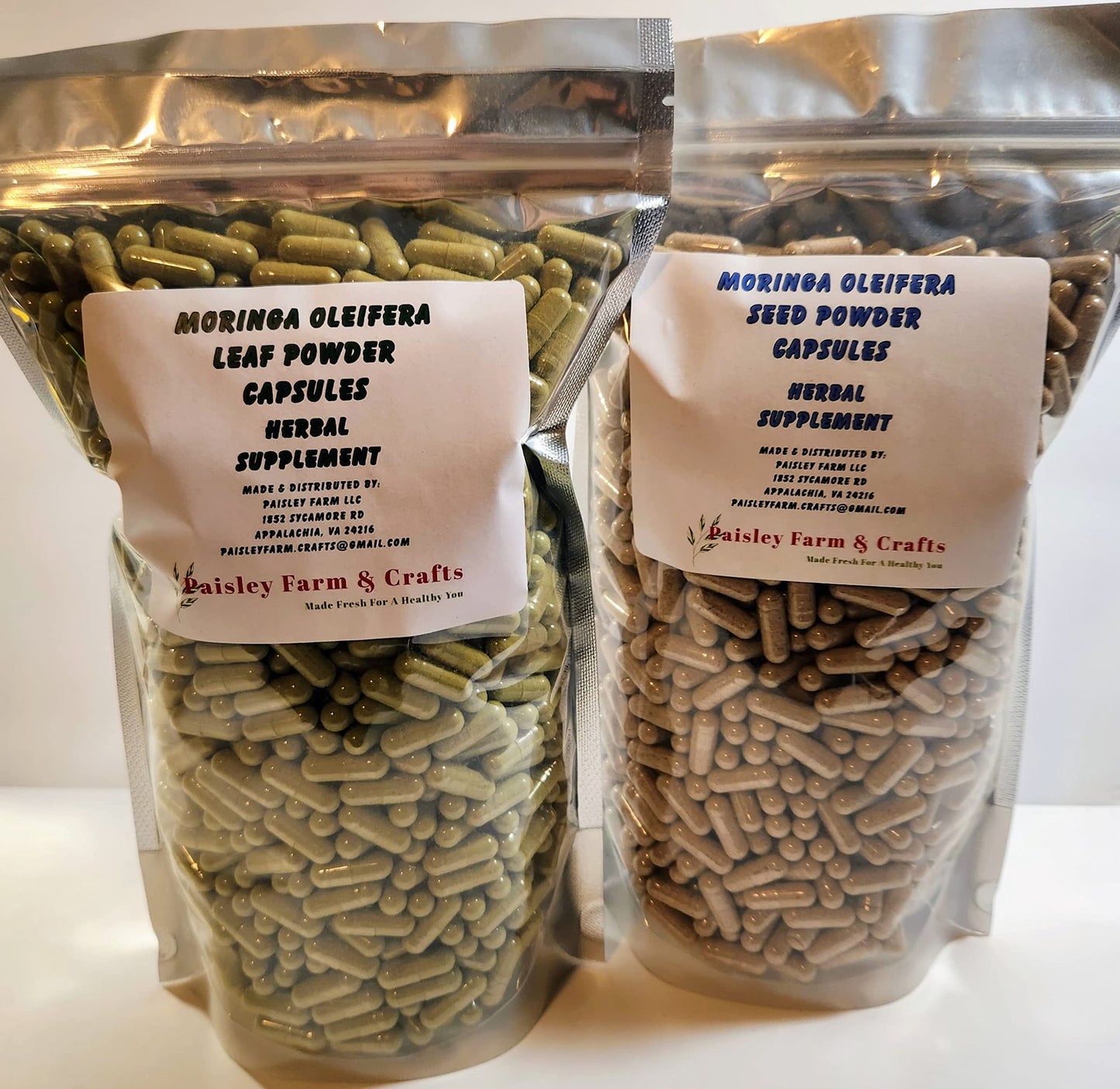 Paisley Farm and Crafts Moringa Leaf Powder Capsules and Moringa Seed Powder Capsules, 2400 Capsules