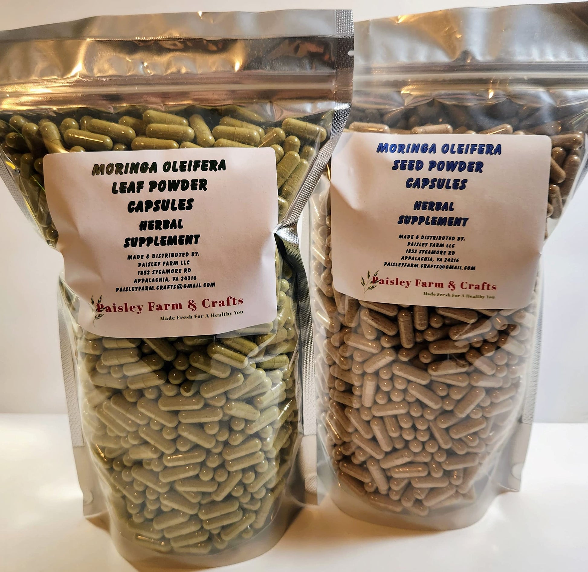 Paisley Farm and Crafts Moringa Leaf Powder Capsules and Moringa Seed Powder Capsules, 2400 Capsules