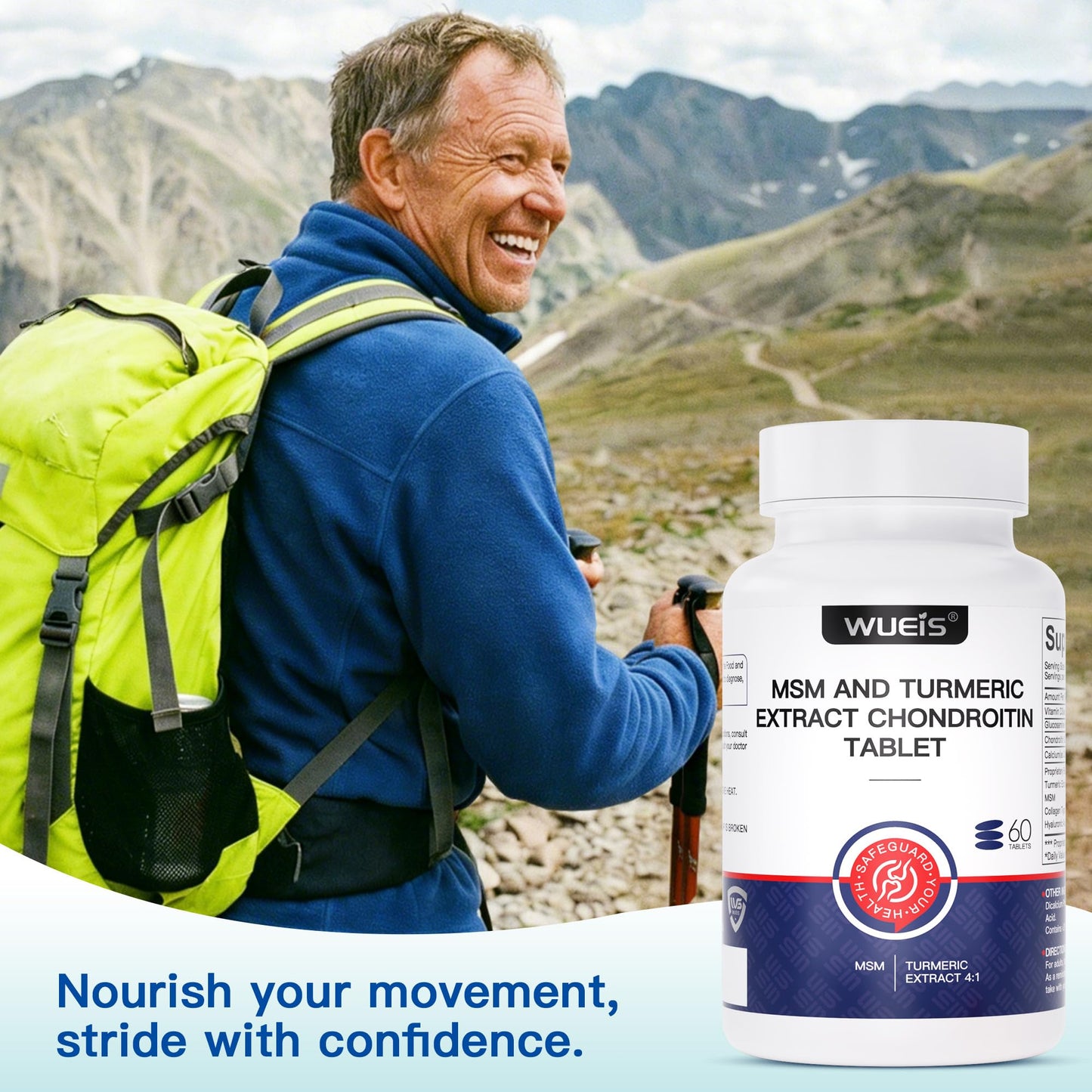 WUEIS Turmeric Glucosamine MSM Joint Supplement with Vitamin D3, Collagen Type II & Hyaluronic Acid, 60 Tablets