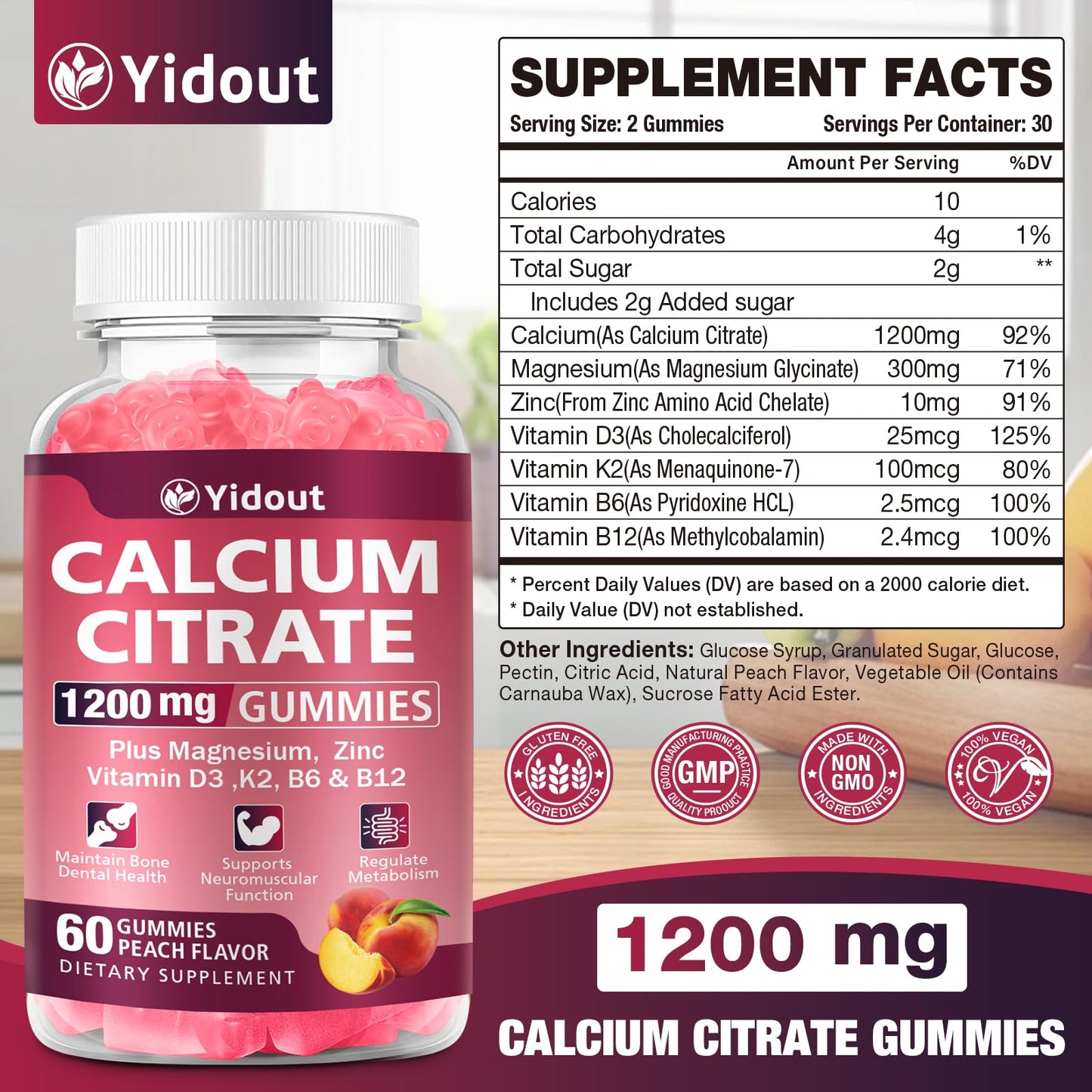 Yidout Calcium Citrate Gummies 1200mg, High Absorption Bone & Immune Support, Peach, 60 Count