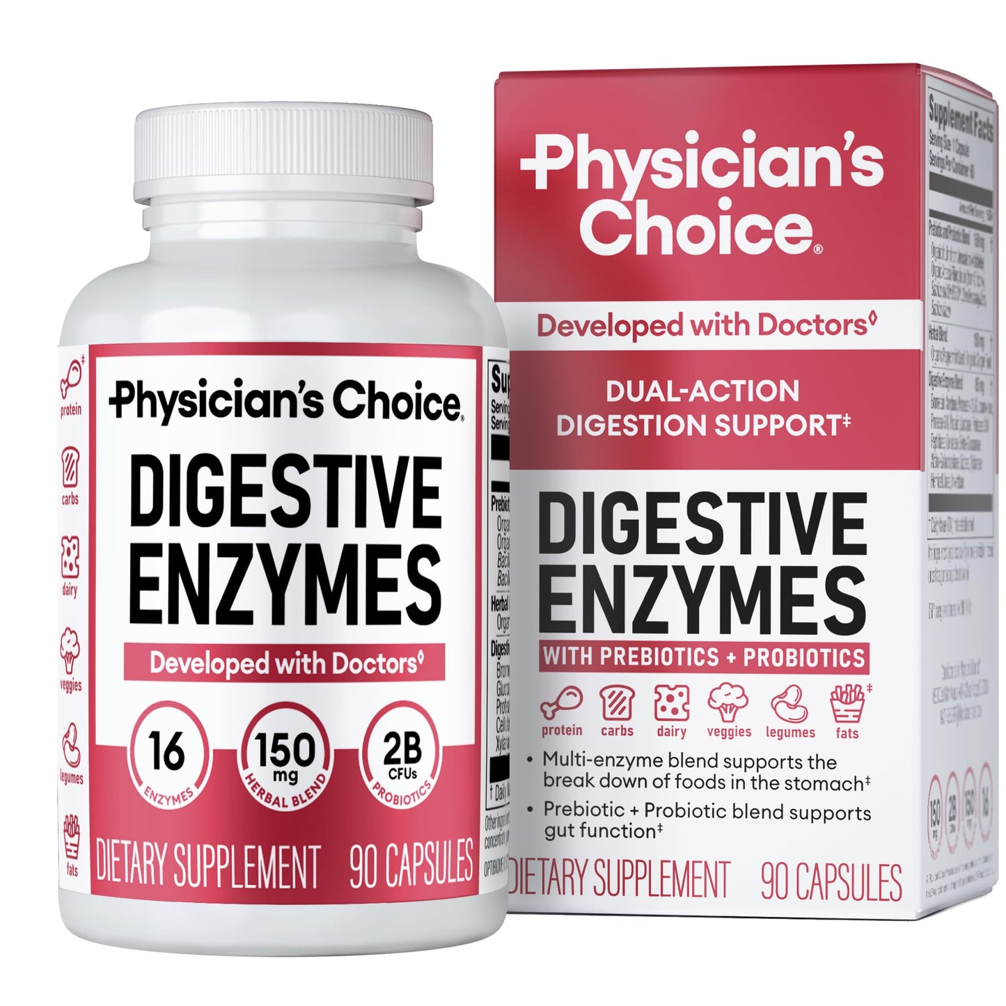 Physician's CHOICE Digestive Enzymes for Bloating & Digestion - 16 Enzyme Formula with Organic Prebiotics & Probiotics Capsule, 90 Count