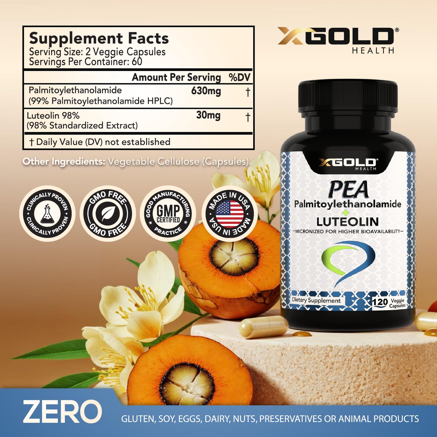 X Gold Health Palmitoylethanolamide 630 mg + Luteolin Standardized 98% Micronized Pea 99% Highly Purified and Bioavailable Capsule 120 Count