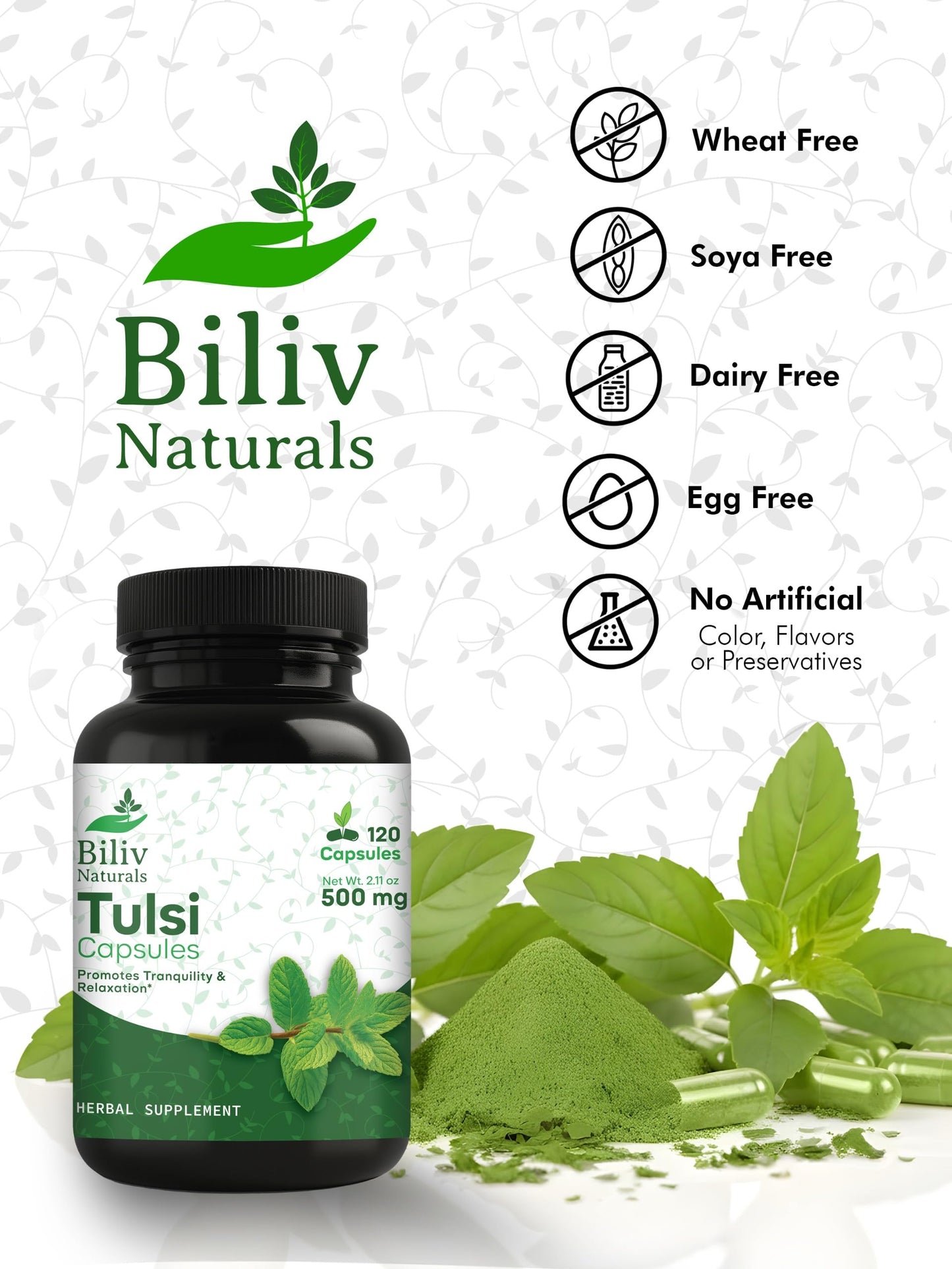 Biliv Naturals Tulsi (Holy Basil) 500 mg Herbal Supplement Capsules, Immune Support, Adaptogen, Supports Healthy Stress Response, Vegan, Gluten-Free, 120 Capsules
