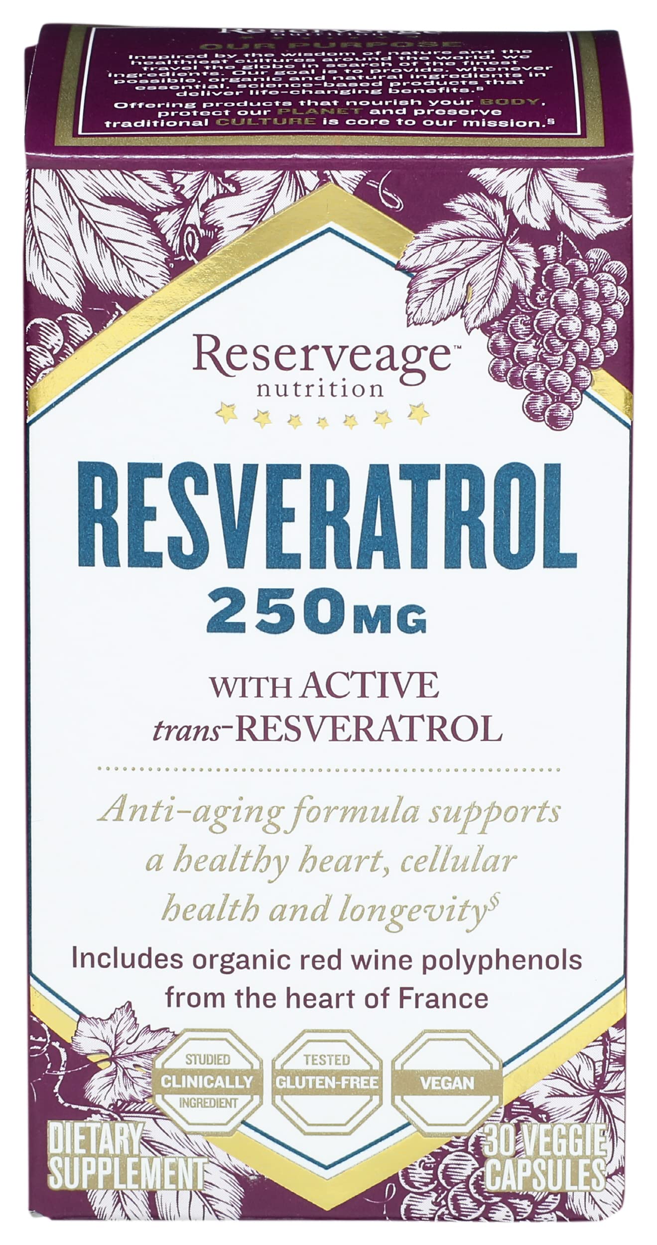 Reserveage Nutrition Beauty Resveratrol 250 mg Capsule, 30 Capsules