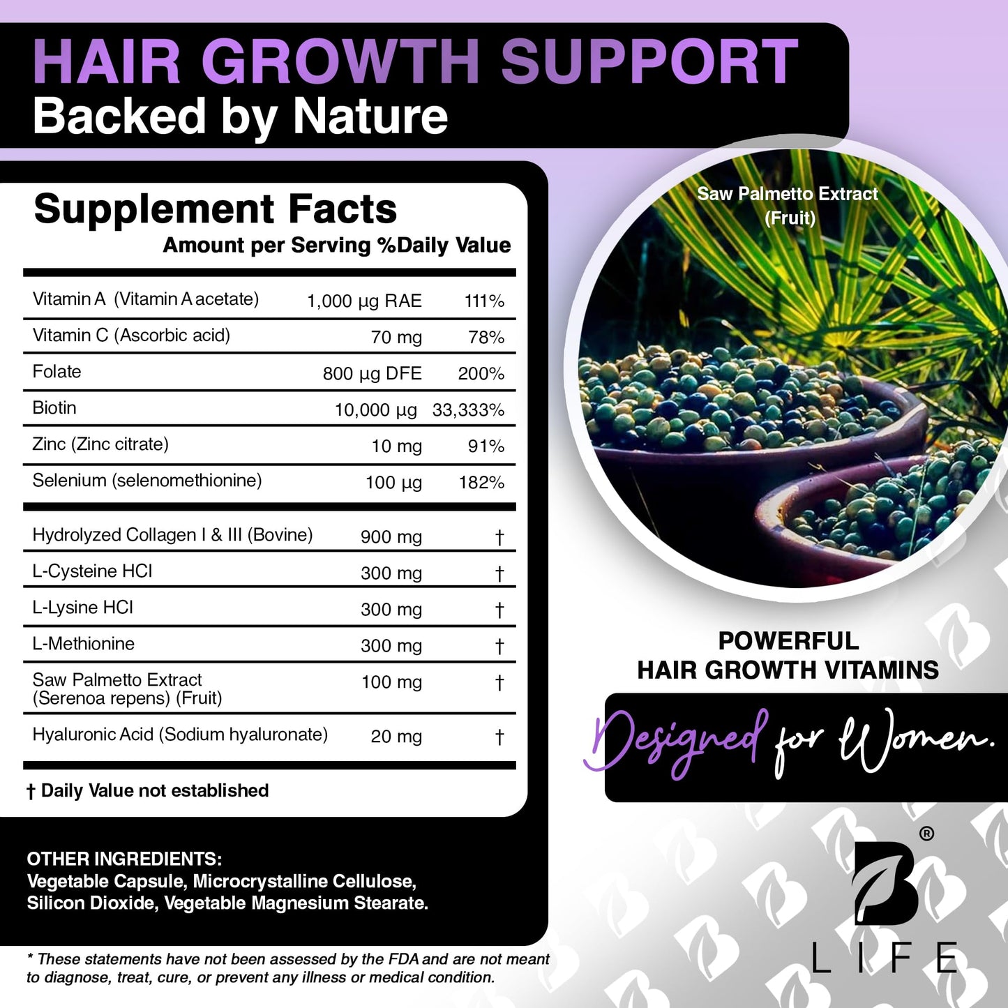 B Life Company Biotin 10000 mcg Hair Vitamins for Hair Loss for Women – Hair Growth Treatments for Women – Healthy Hair Skin and Nails – Collagen Supports Hair Strength and Health, 120 Capsules