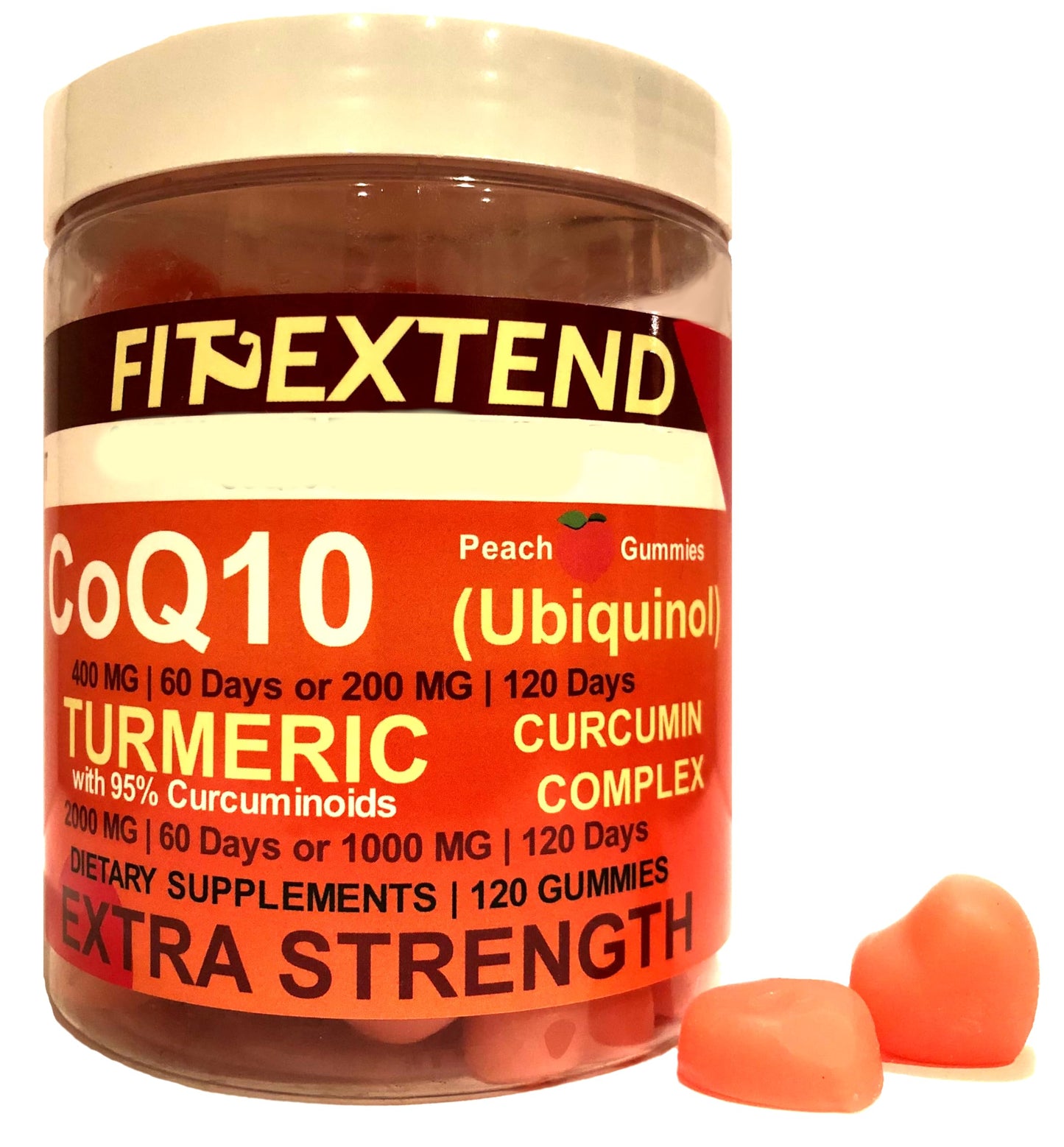 FIT EXTEND CoQ10 Ubiquinol & Turmeric Gummies 200mg CoQ10, 1000mg Turmeric, Peach, 120 Count