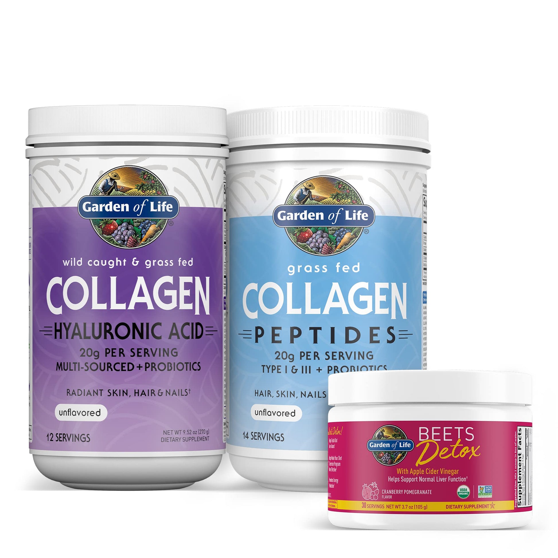 Garden of Life Collagen Beets Bundle Multi-Sourced Collagen Hyaluronic Acid Unflavored, Organic Beets Detox Cranberry Pomegranate, Collagen Peptides Powder, 22.74 oz (Pack of 3)
