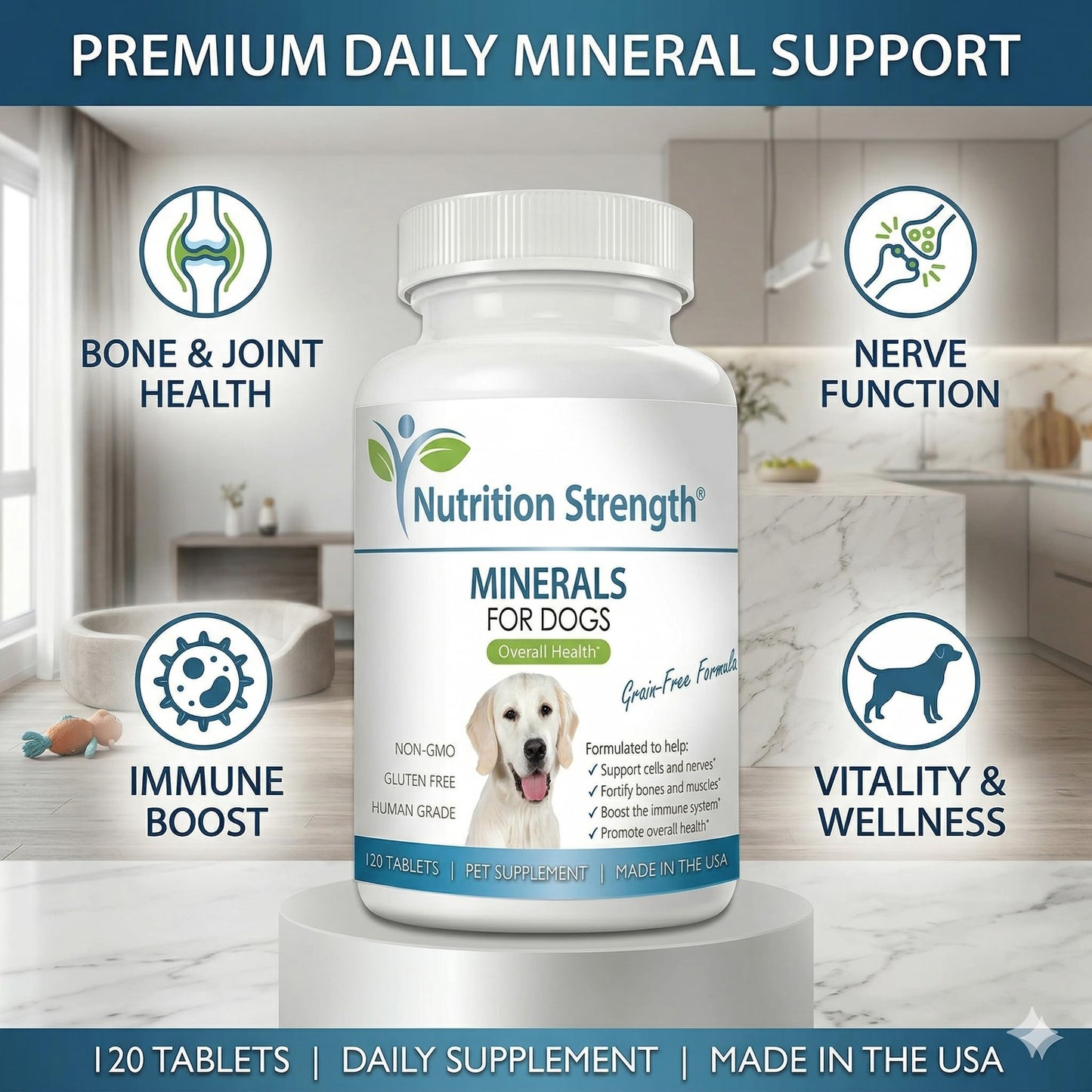 Nutrition Strength Dog Minerals & Electrolytes - Essential Raw Diet Balancer & Senior Dog Vitality Support - Calcium, Magnesium, Zinc, Iron & Selenium for Bone, Muscle & Nerve Health, 120 Tablets