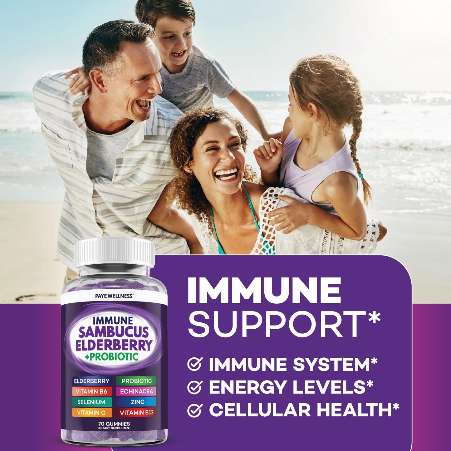 PAYÉ Elderberry Gummies with Vitamin C Immune Support and Probiotic Gut Health, Sambucus, Echinacea, Vitamin B, Zinc, Selenium, 140 Gummies