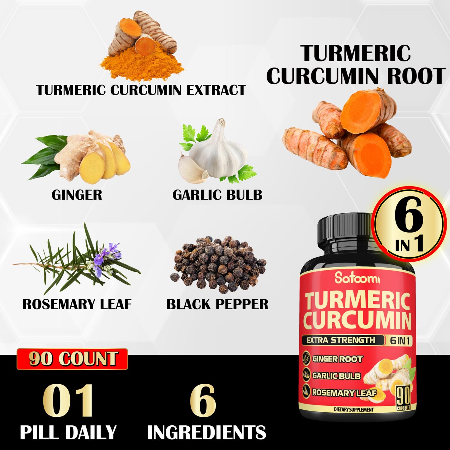 Satoomi 6in1 Turmeric Curcumin Supplement Capsules, 90 Capsules