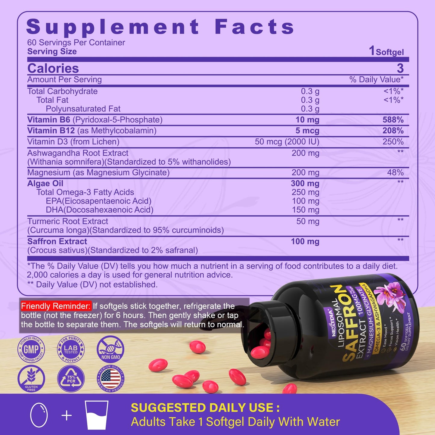 Nextdia Saffron Supplements 100mg Liposomal High Absorption 100% Pure Saffron Extract with Magnesium Glycinate, Omega-3, Turmeric, Ashwagandha, Vitamin B6, B12, D3 for Mood, Brain Softgels 120