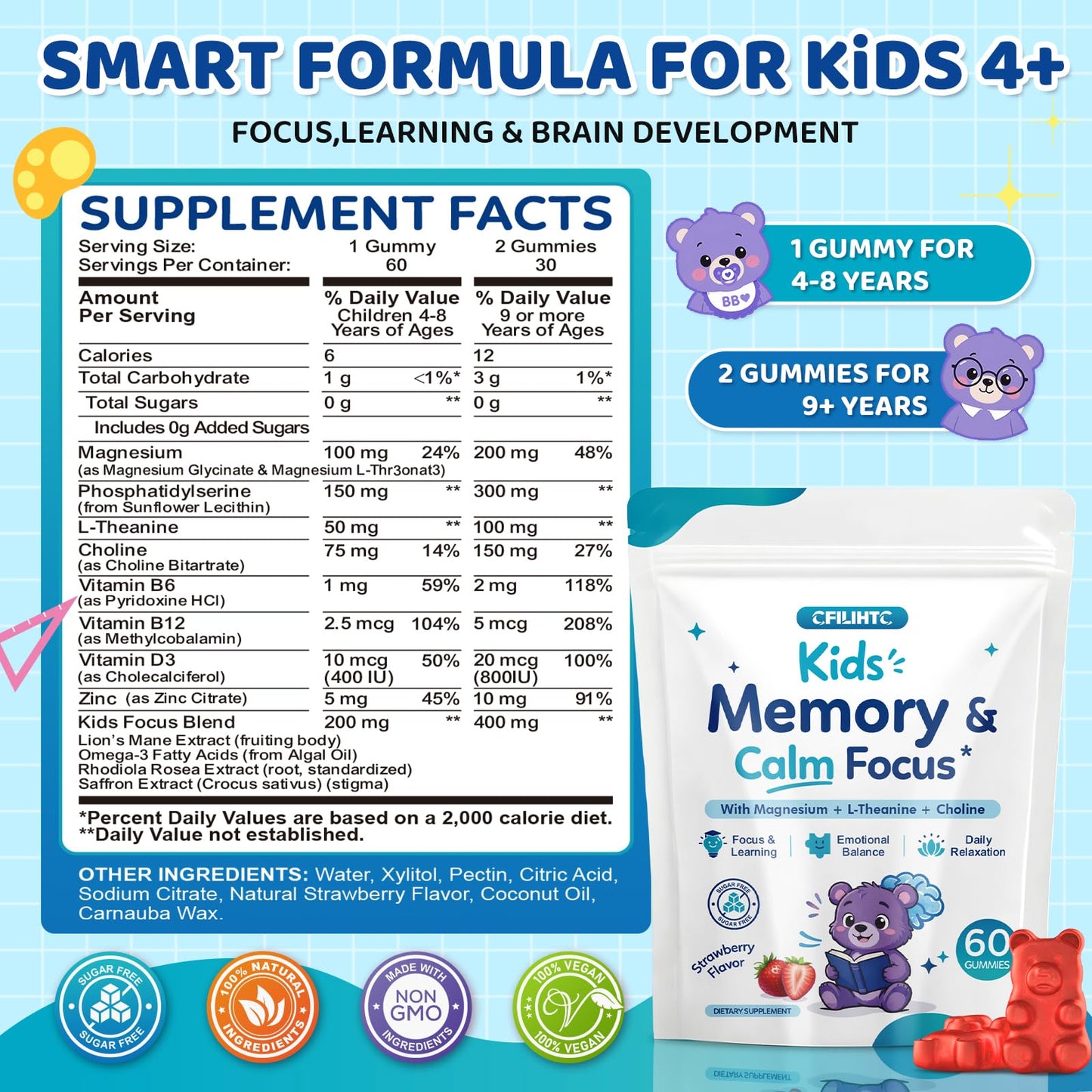 CFILIHTC Kids Focus & Memory Gummies with Magnesium Glycinate, Phosphatidylserine & Choline - Support Brain, Attention & Focus for Kids, Learning & Cognitive Development – Sugar Free Strawberry, 60 Gummies