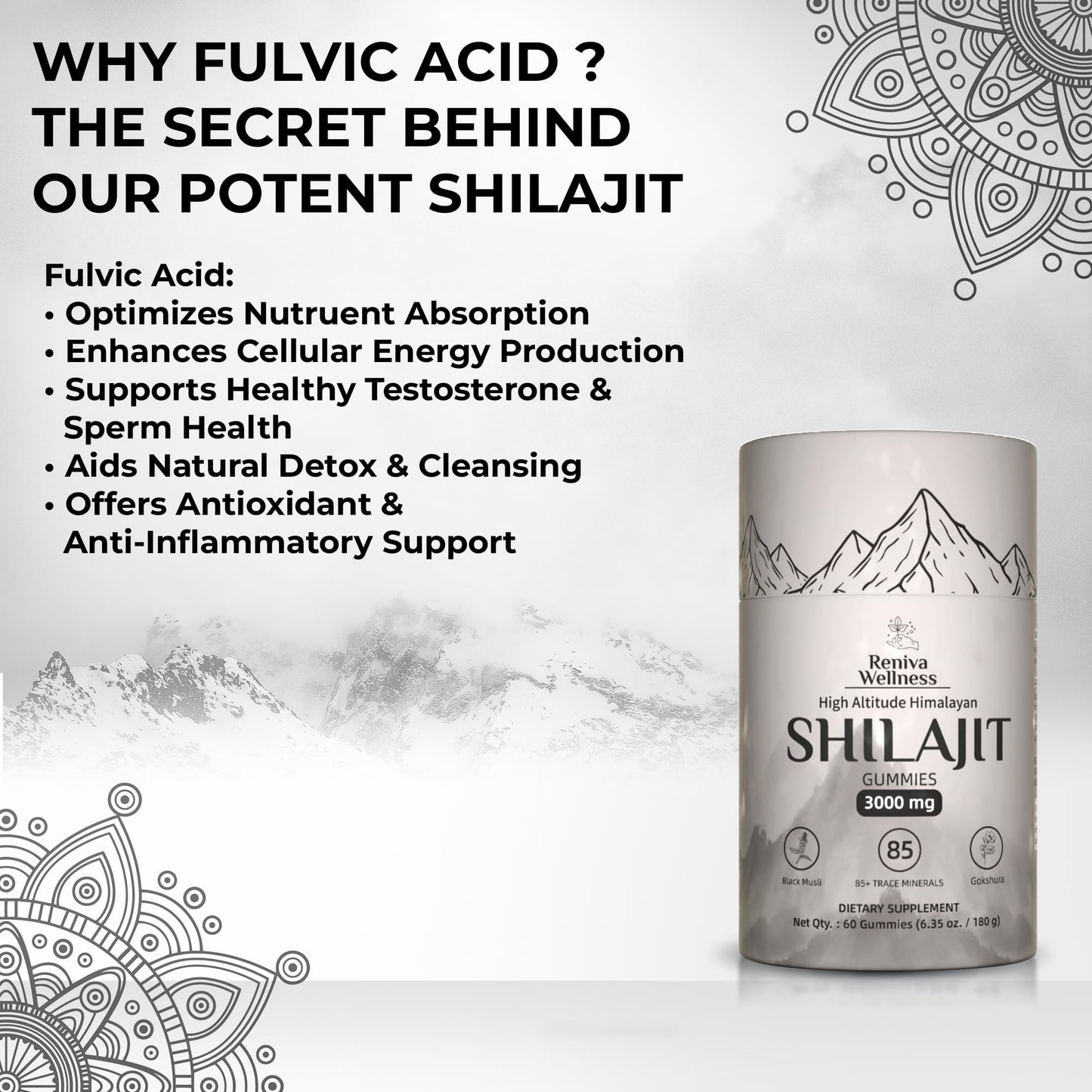 Reniva Wellness High-Altitude Himalayan Shilajit Gummies 3000mg Shilajit Gold, 60 Gummies