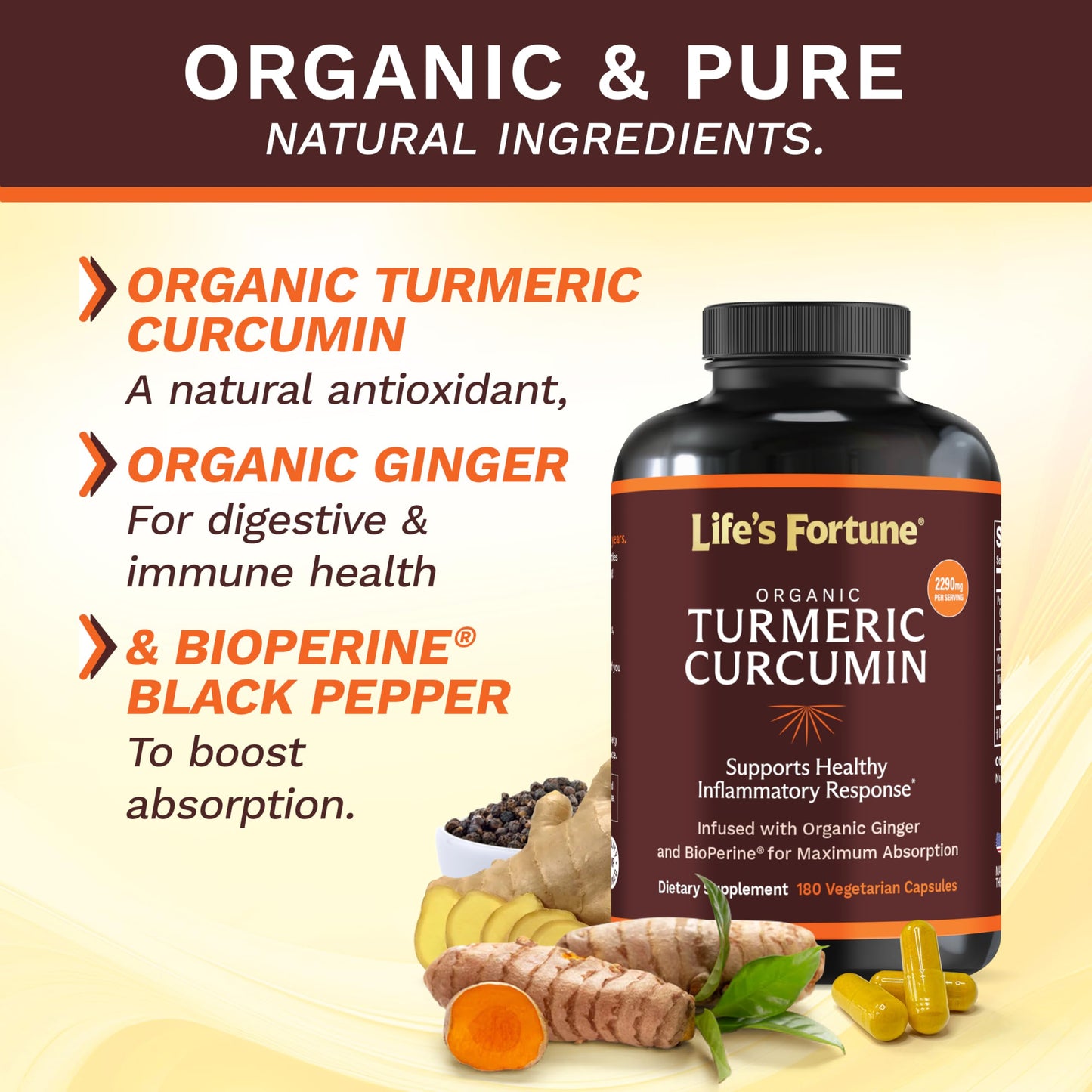 Life's Fortune Organic Turmeric Curcumin with Black Pepper and Ginger, Enhanced Absorption, Extra Strength, Joint & Immune Support, 180 Capsules