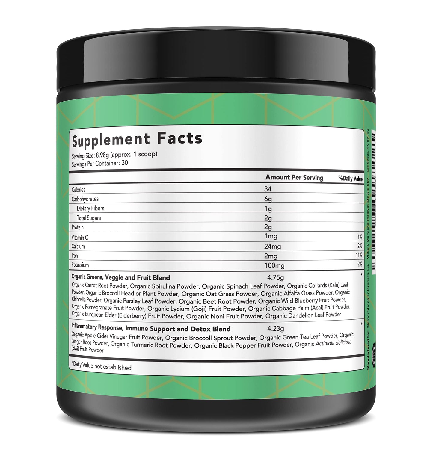 Warrior Strong Wellness Certified Organic Greens Powder 9.5 Ounce