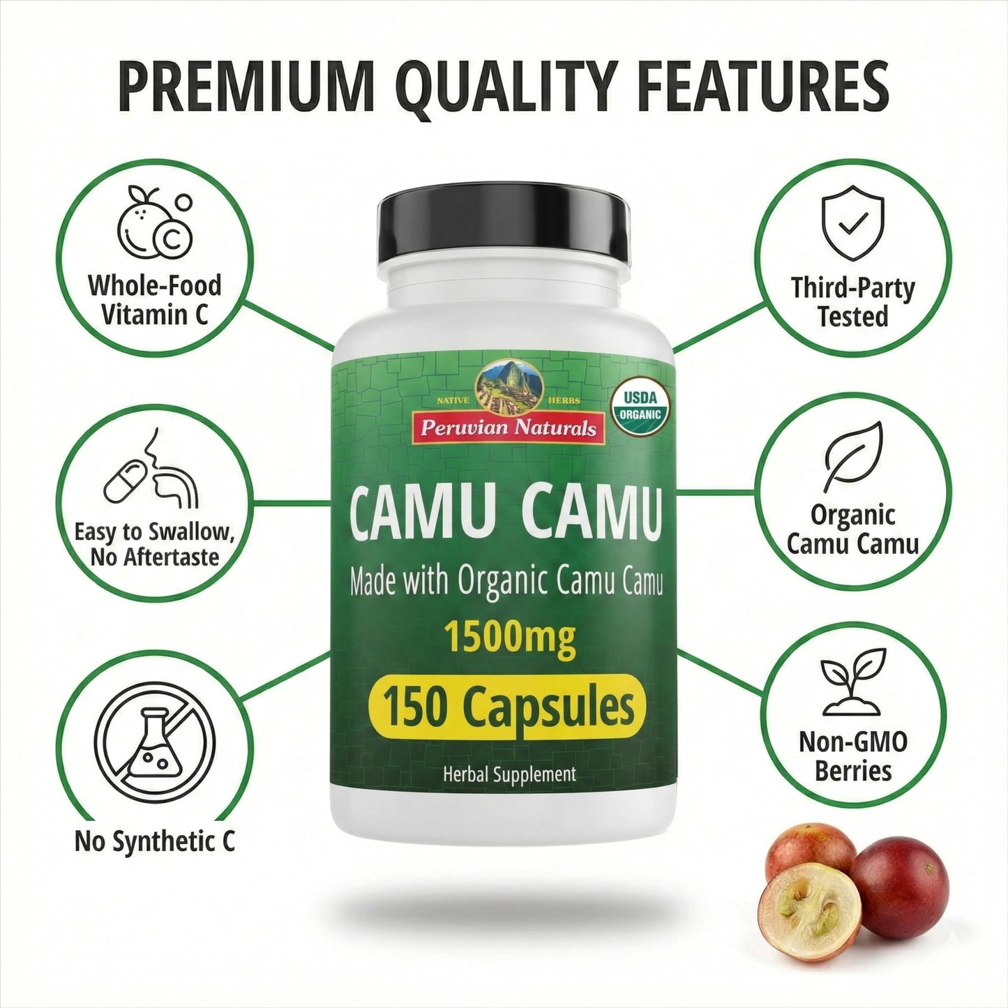 Peruvian Naturals Vitamin C from Camu Camu Capsules 1500 mg, 150 Capsules