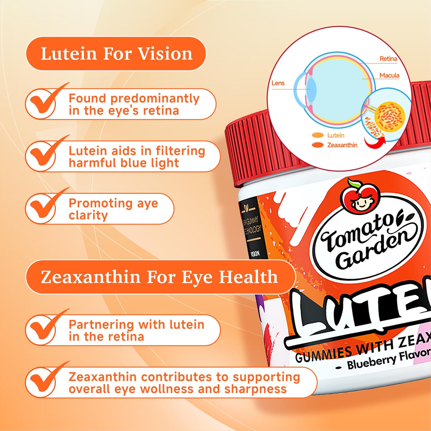 TomatoGarden Lutein Gummies Vision Support with Blue Light Protection, 30 Count