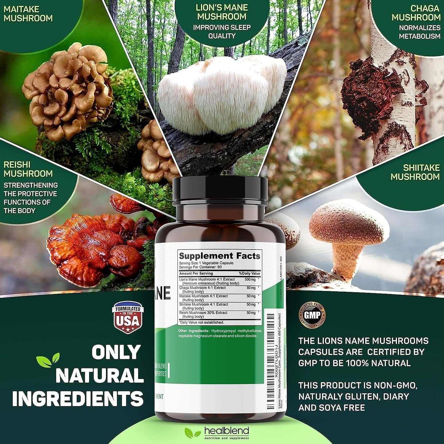 healblend Mushroom Complex Extract with Lion's Mane Fruiting Body Capsules, 60 Count