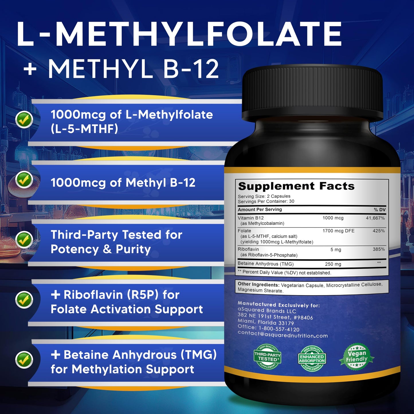 aSquared Nutrition L-Methylfolate Plus Methyl B12 - Methylated Folate Supplement for Women & Men - 5-MTHF (Active Vitamin B9) 1000 mcg & B-12 1mg - B Complex - 60 Capsules