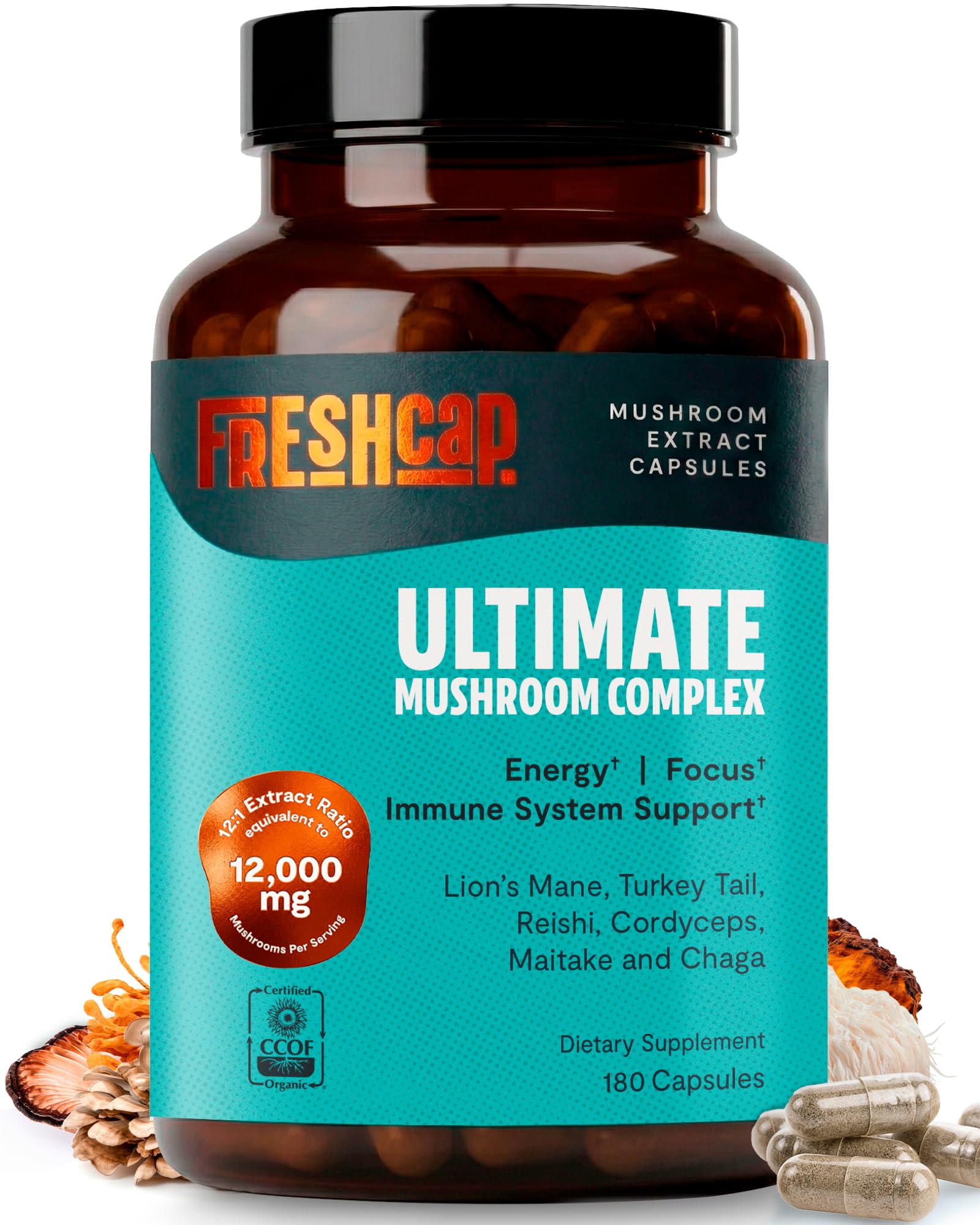 FreshCap Mushrooms Organic Ultimate Mushroom Supplement Capsules 180 Count