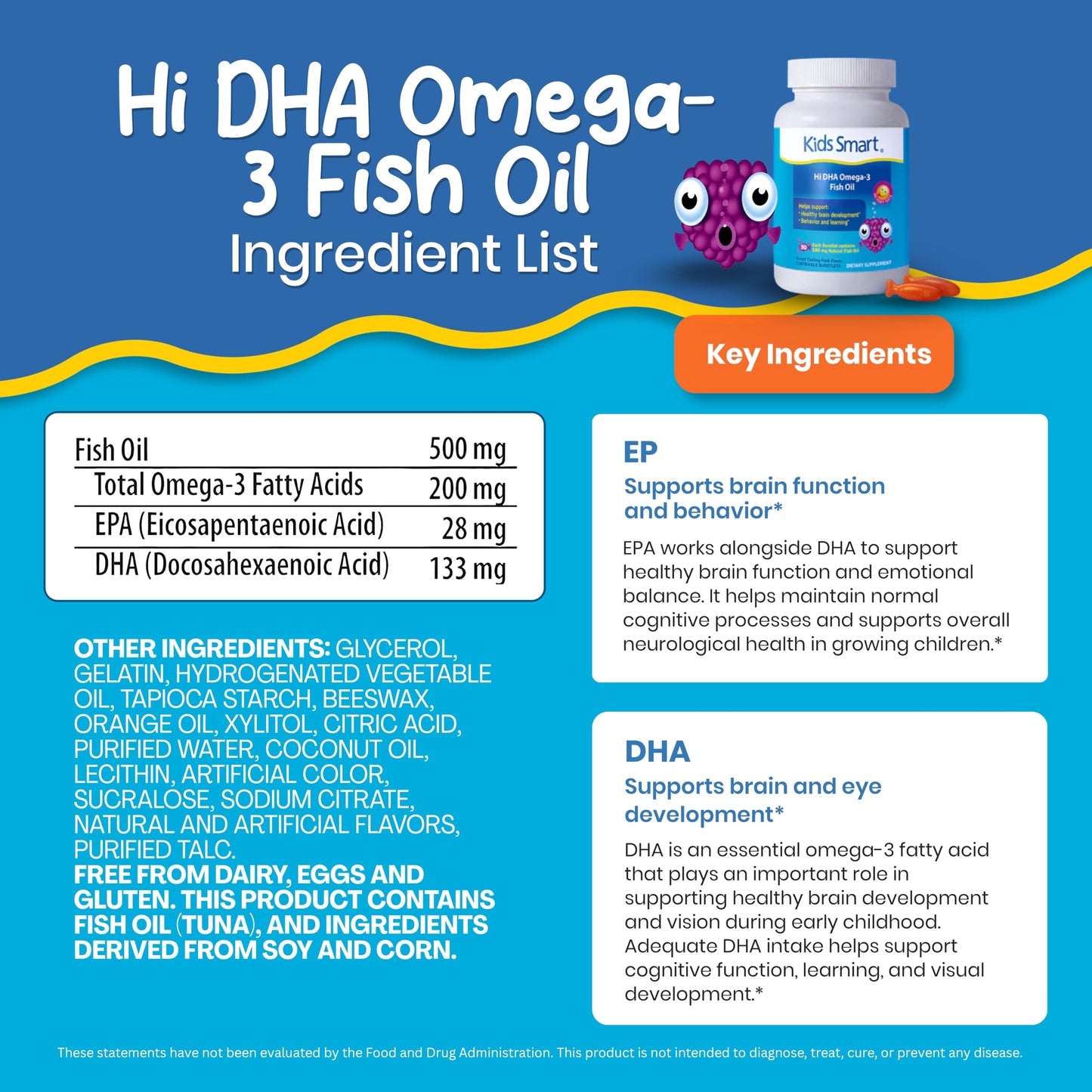 KIDS SMART Hi DHA Omega-3 Fish Oil for Kids 1+, Brain & Learning Support Chewable 3 Count