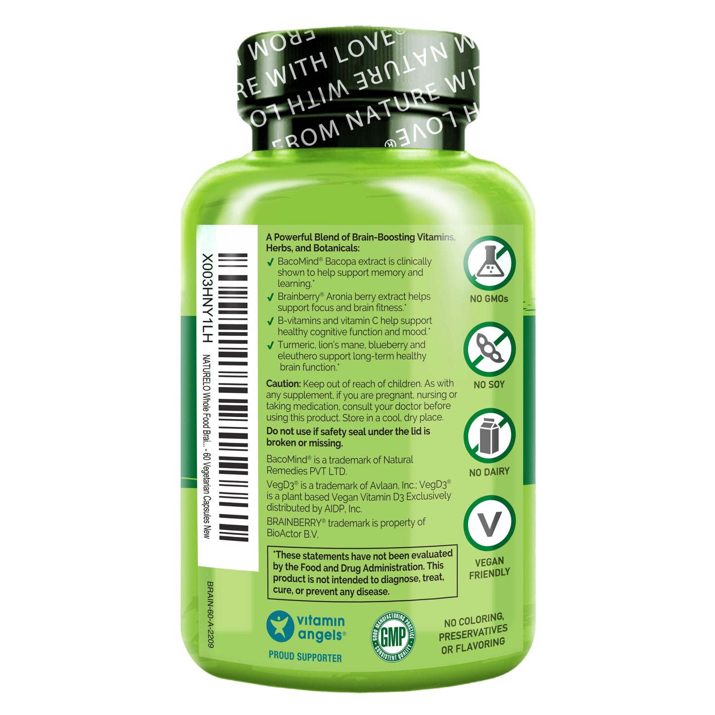 NATURELO Whole Food Brain Supplement - Brain Health Supplements for Memory & Focus Support - Enhance Brain Health Blend Supplement for Adults, 120 Capsules