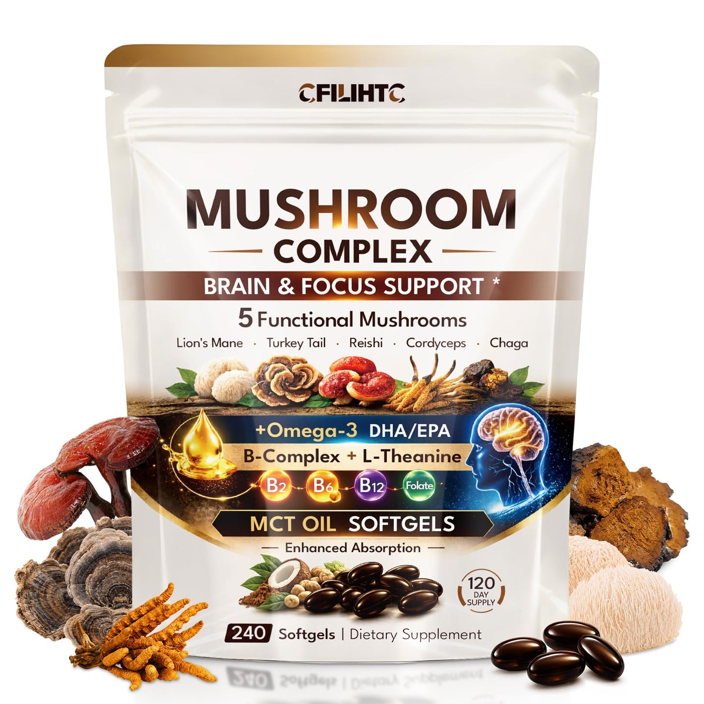 CFILIHTC Lion's Mane Supplement - Mushroom Complex with Lion's Mane, Turkey Tail, Reishi, Cordyceps & Chaga, Omega-3 DHA & EPA, B-Complex, L-Theanine, 240 Capsules