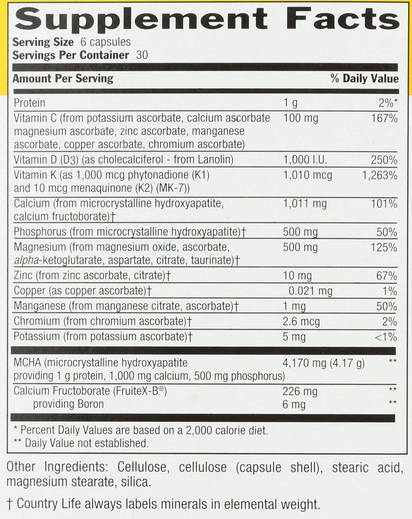 Country Life Bone Solid - Bone Health Supplement with Microcrystalline Hydroxyapatite (MCHA), Calcium, Magnesium, Zinc, Vitamins K2 & D3 for Enhanced Bone Strength & Metabolism, 180 Capsules