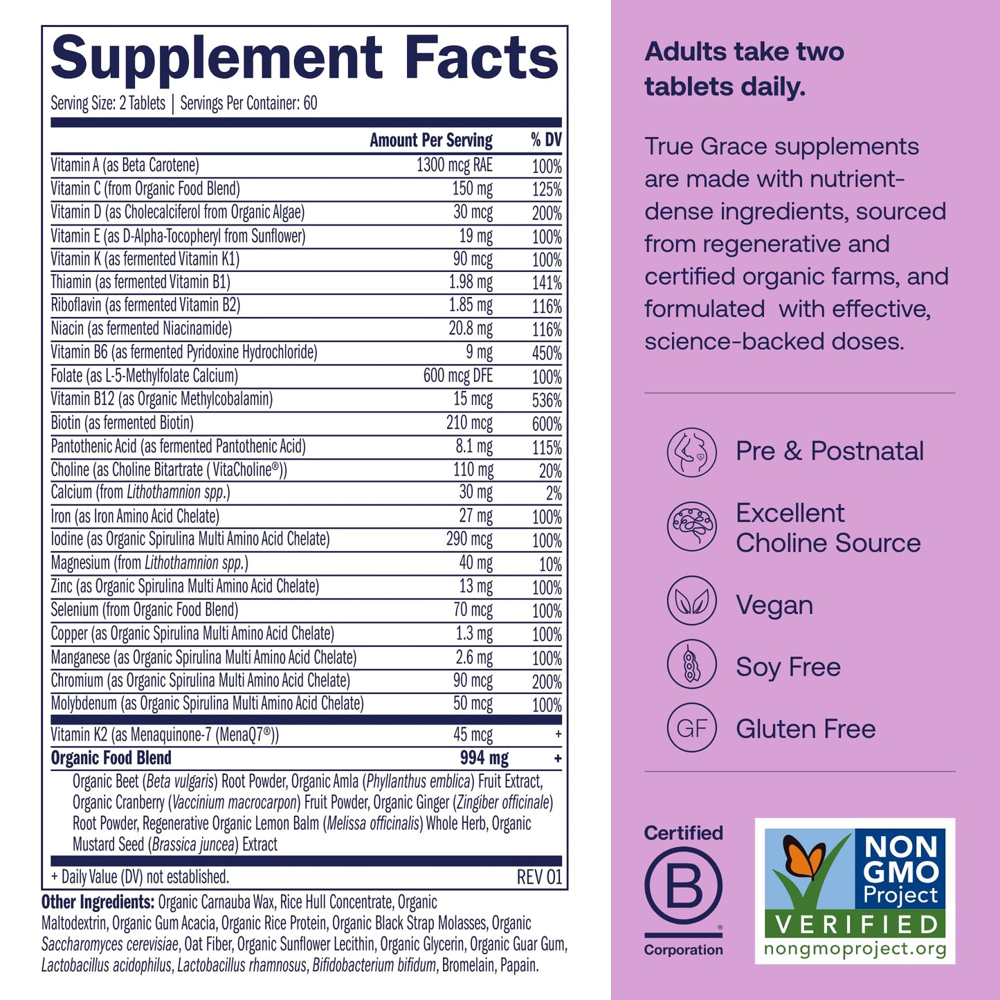 True Grace Prenatal Multivitamin Vegan Tablets, 120 Tablets