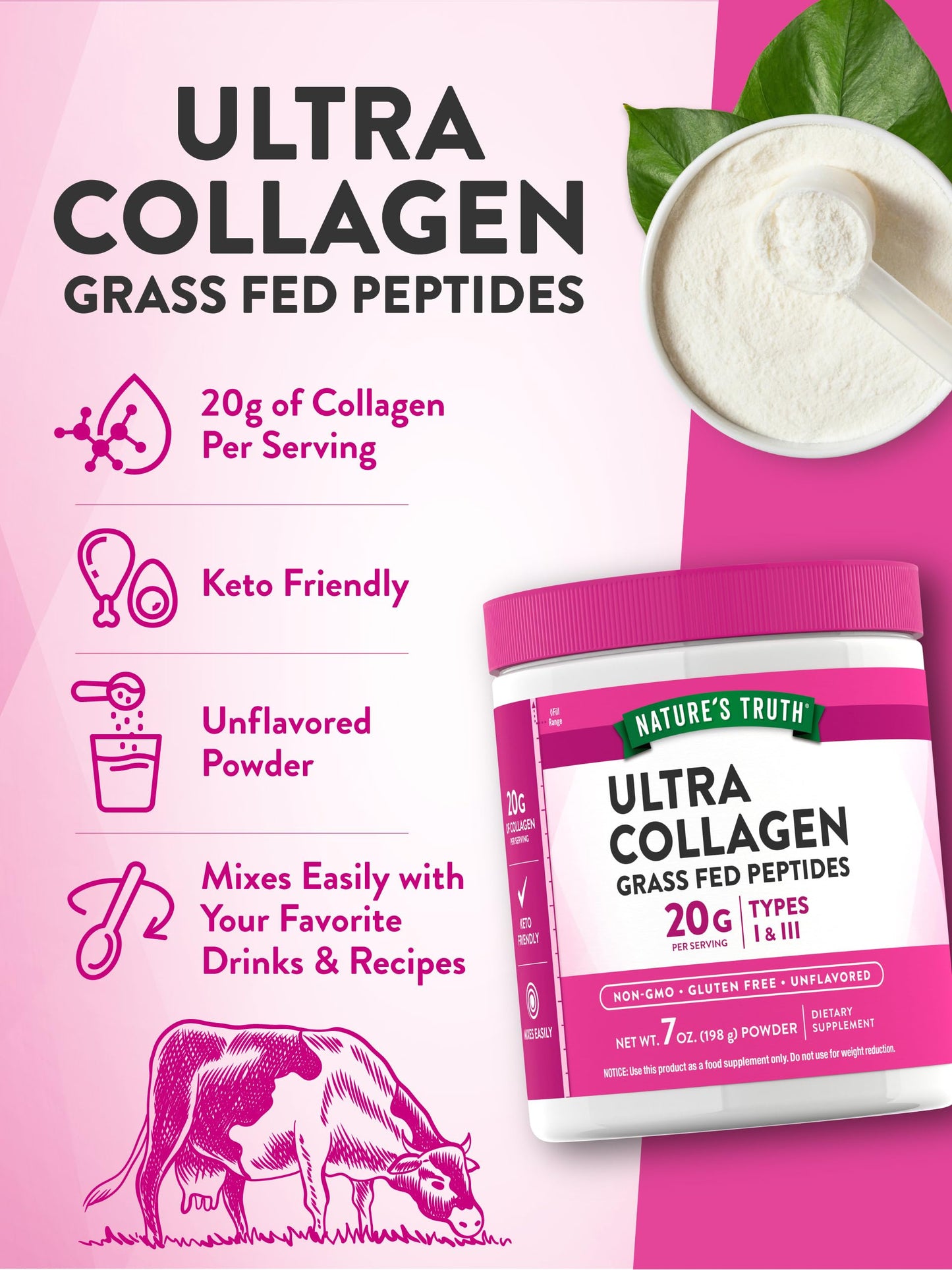 Nature's Truth Collagen Powder 7 oz Unflavored, Grass-Fed Peptides, Keto Friendly, Non-GMO, Gluten Free