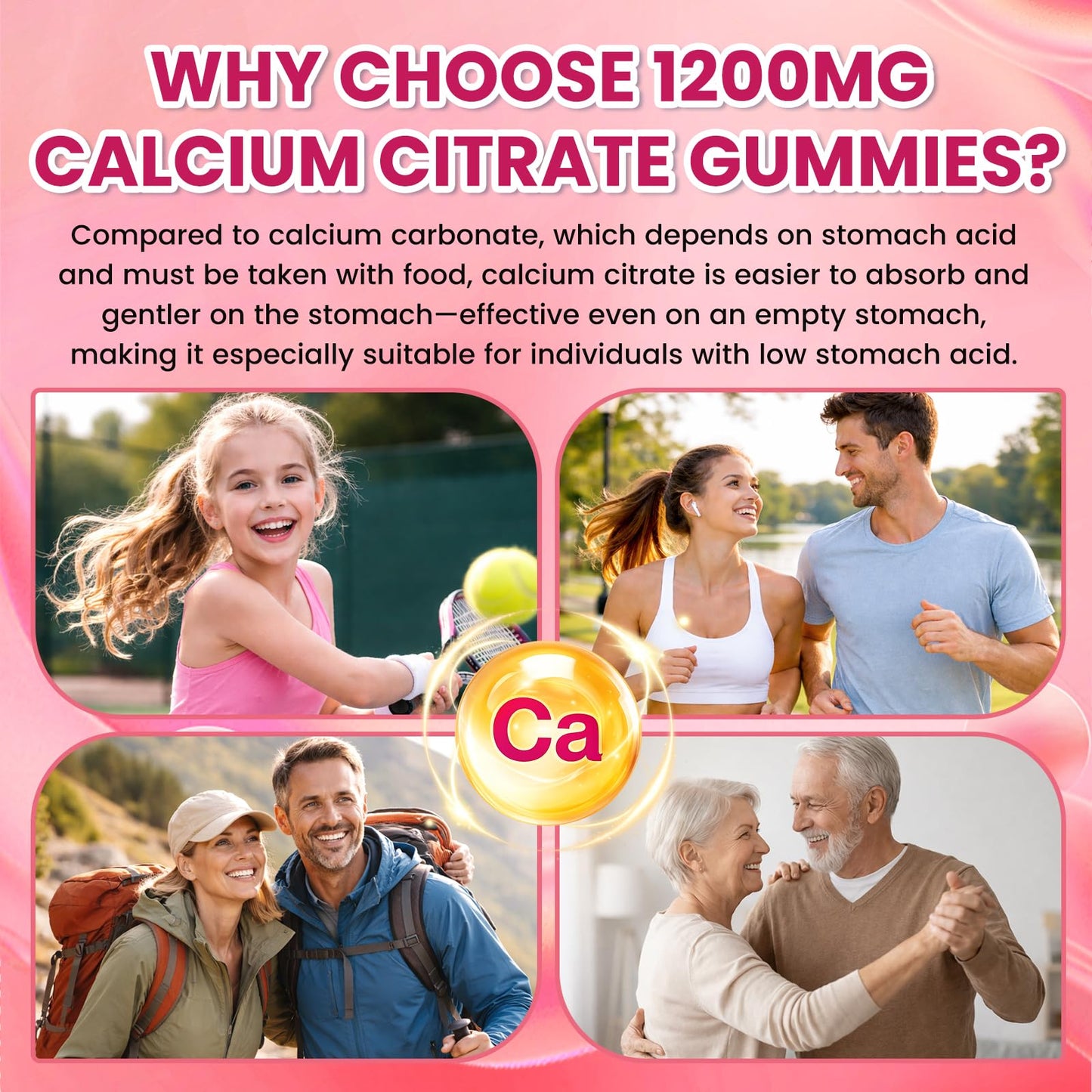 SEPT YAN Calcium Citrate Gummies 1200 mg with Vitamin D3, K2, Magnesium, Zinc, B6 & B12 for Bone, Muscle & Immune Support, Strawberry Flavor, 60 Gummies