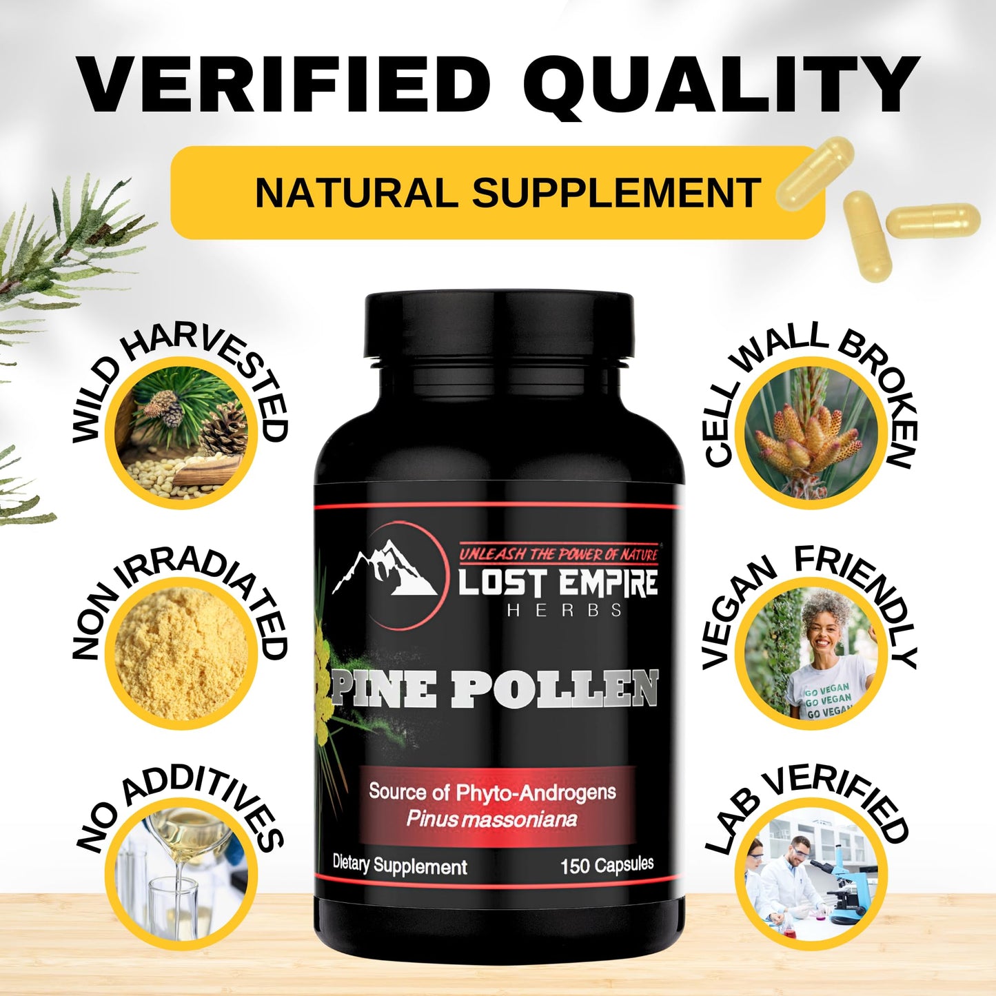 Lost Empire Herbs Pine Pollen Capsules, 150 Count