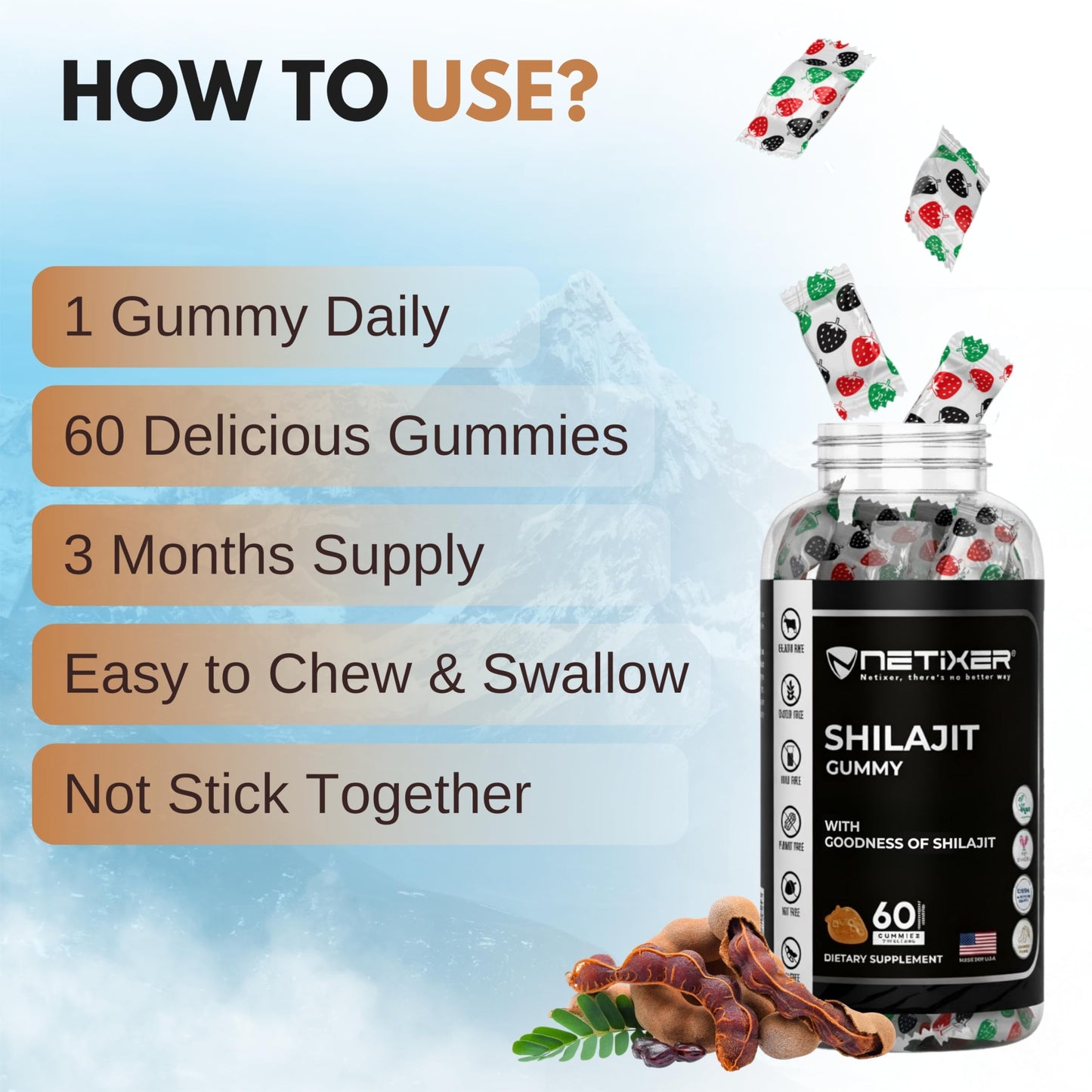 nETiXER Shilajit Gummies Gummy 60 Count