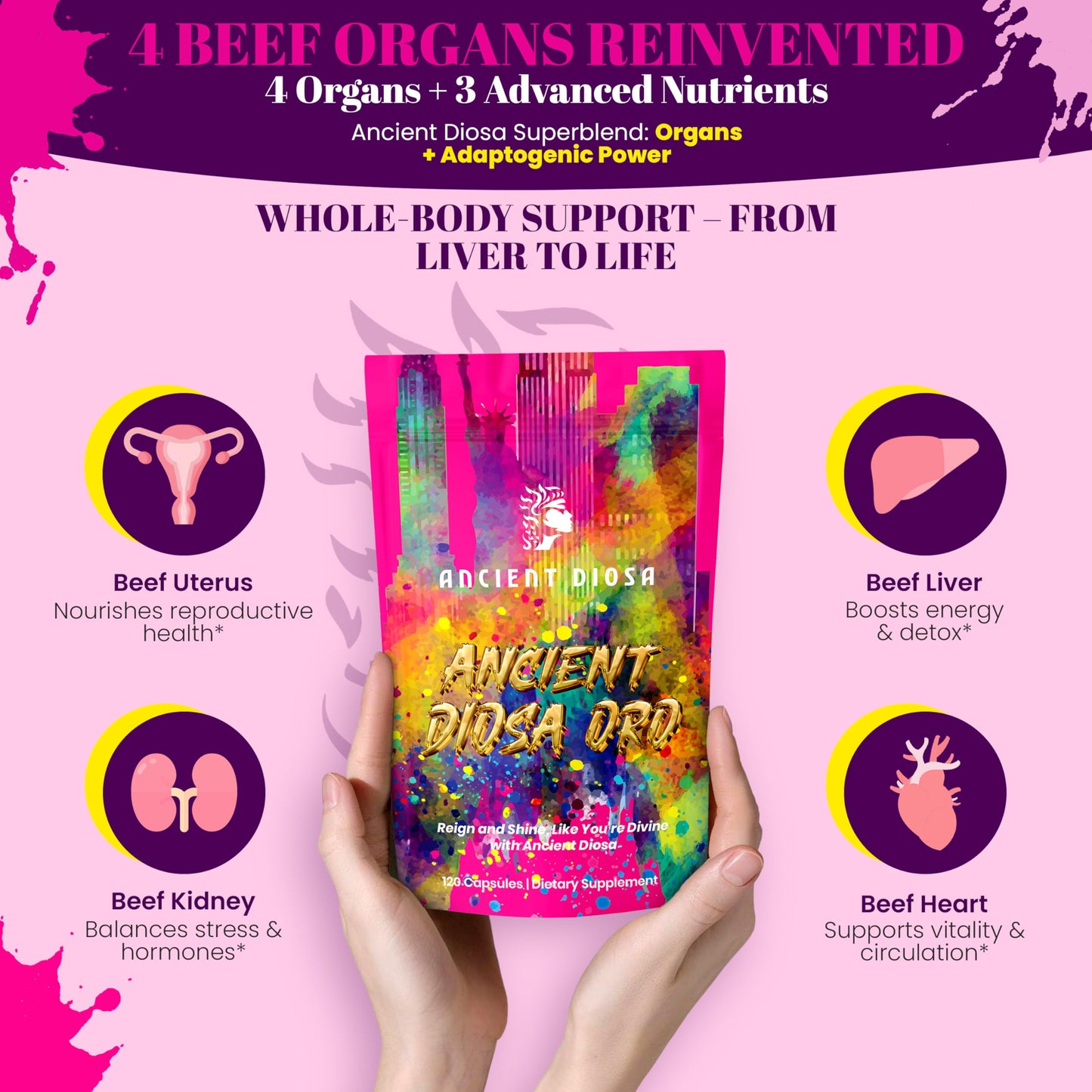 ANCIENT DIOSA Beef Liver Capsule Supplement for Women - Grass-Fed Liver, Heart & Kidney with CoQ10 & Ginseng, Non-GMO & Gluten-Free, 120 Capsules